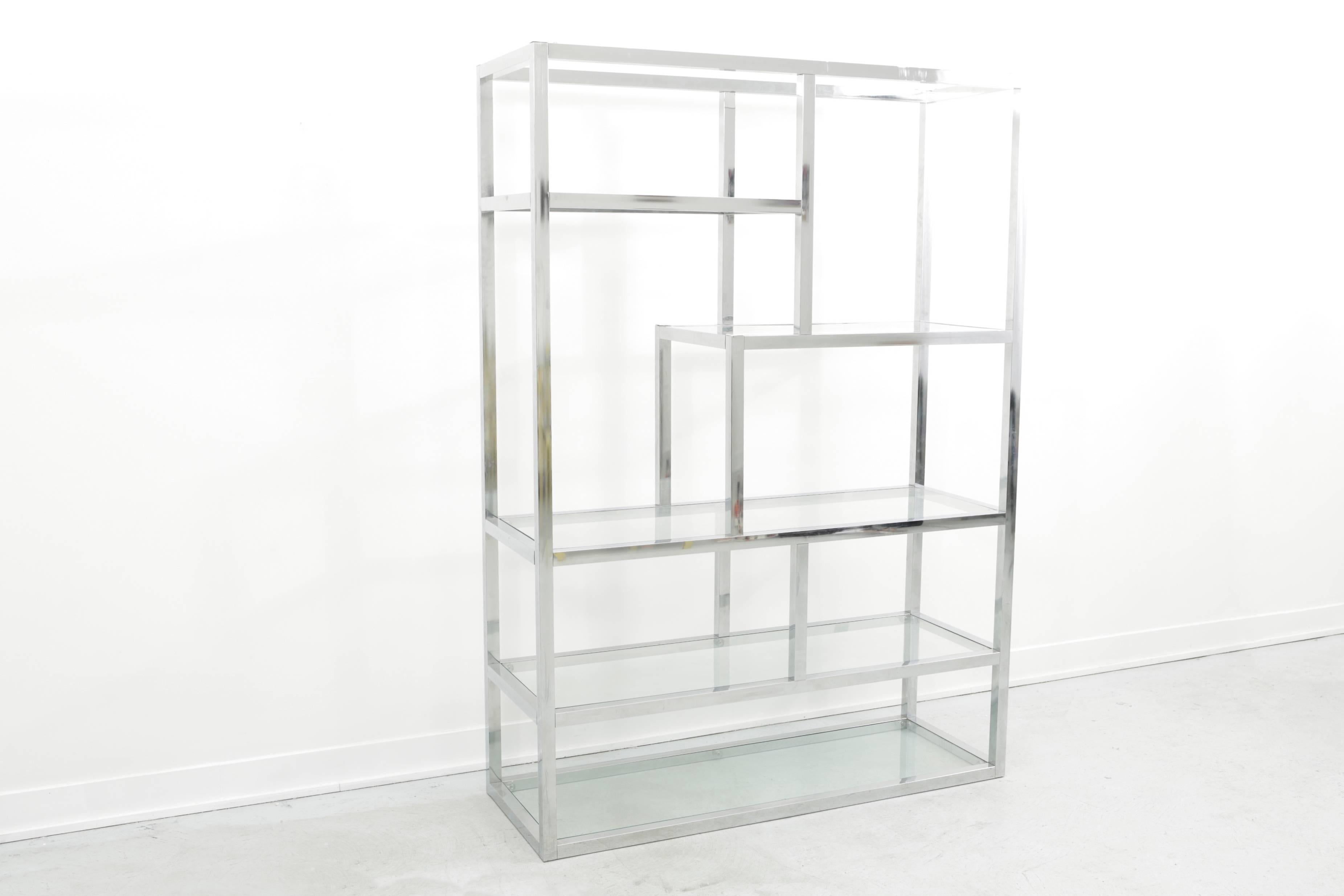Chrome etagere by Milo Baughman. A beautiful piece in excellent condition that can float in a room or stand against a wall.