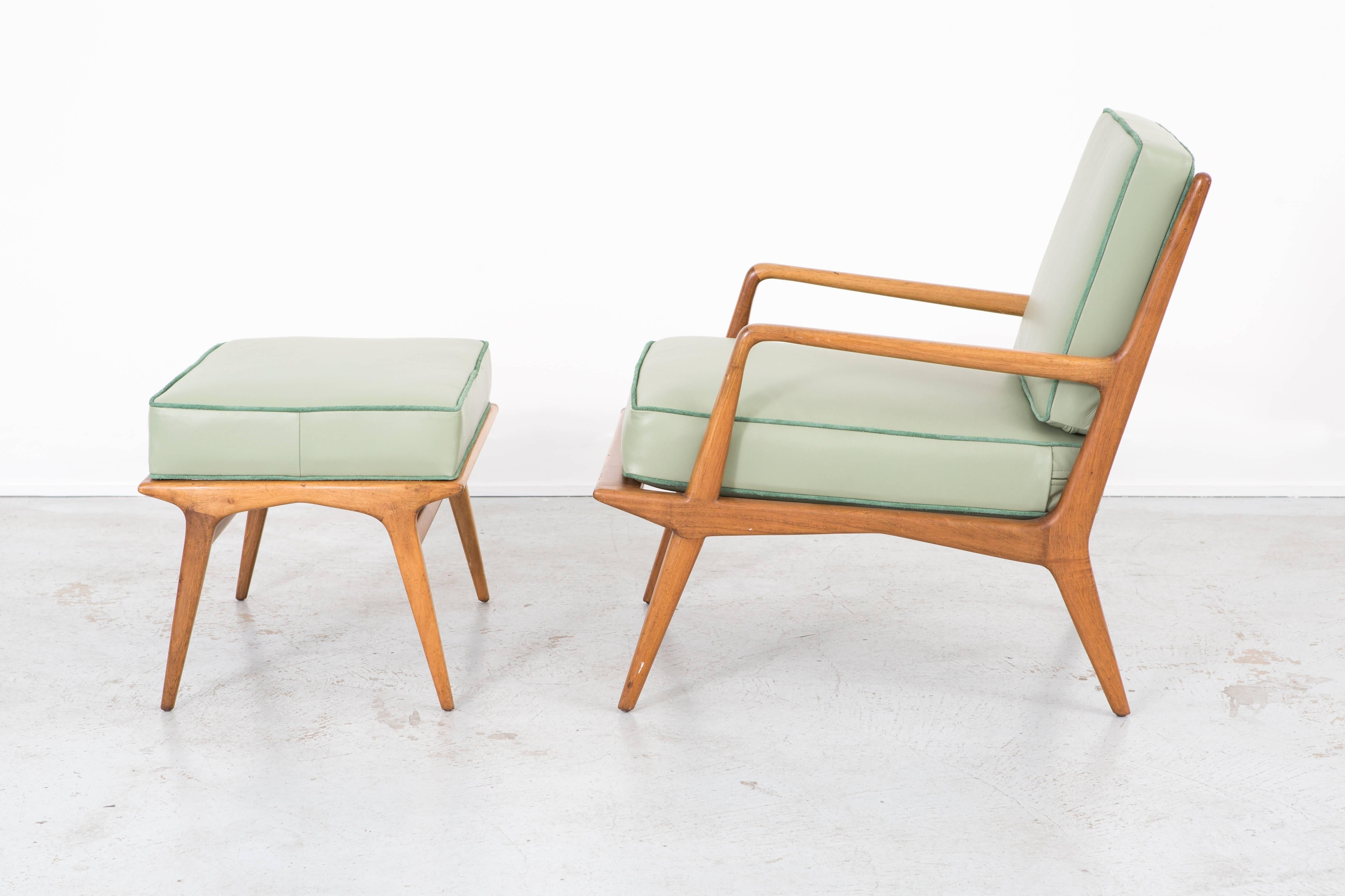 Lounge chair and ottoman

Designed by Carlo di Carli for M. Singer & Sons

USA, circa 1950s

Newly reupholstered monochromatic mint green grain leather and accent suede cording

Measures: Lounge chair 31 ½” H x 24” W x 30” D x seat 12” h

Ottoman