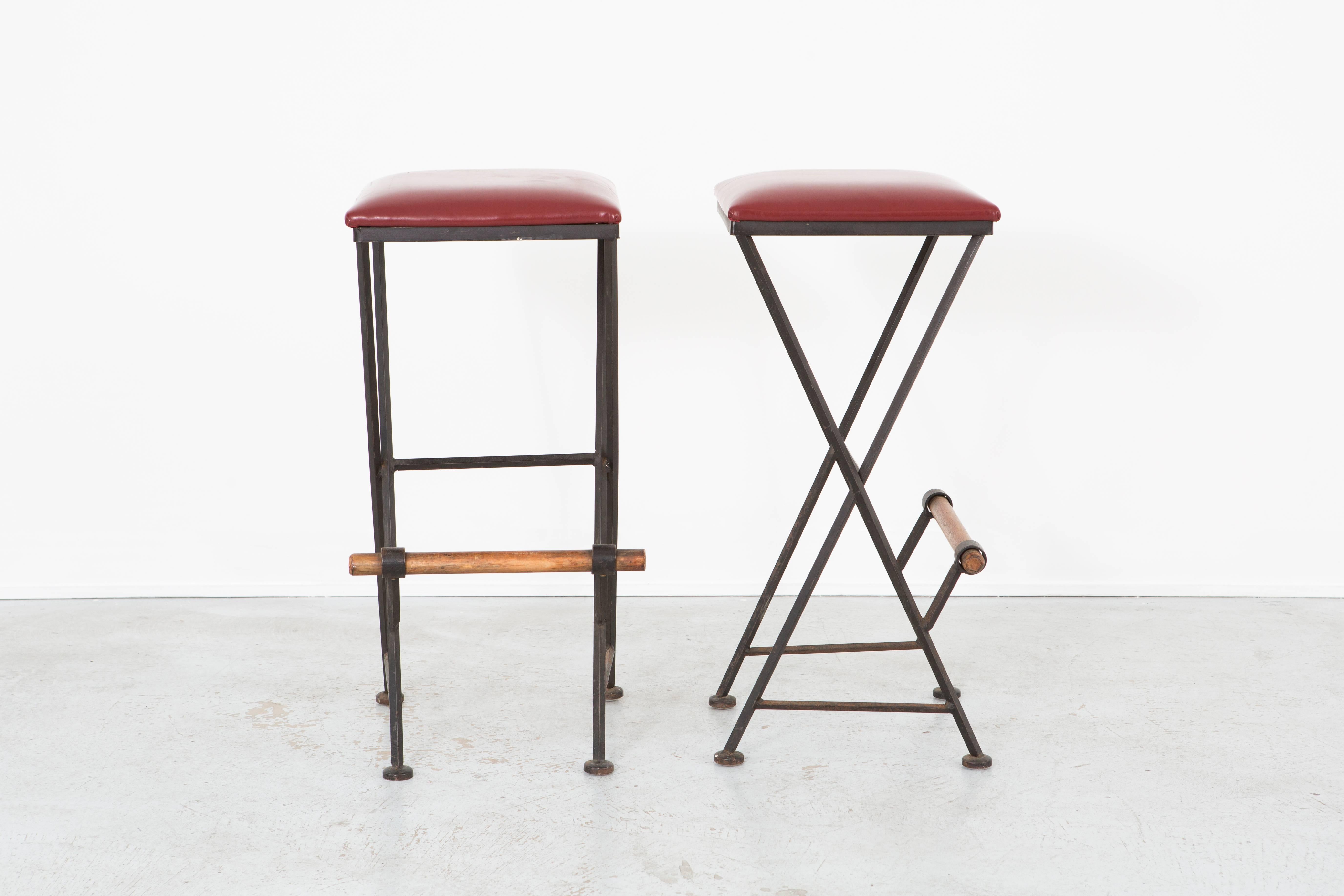 Set of stools

Designed by Cleo Baldon

USA, circa 1960s

Reupholstered full grain oxblood red leather, wrought iron and oak

Measures: 32 ¼” H x 16” W x 15 ¾” D x seat 29 ½” H

Wrought iron and oak have nice patina

Sold as a set.