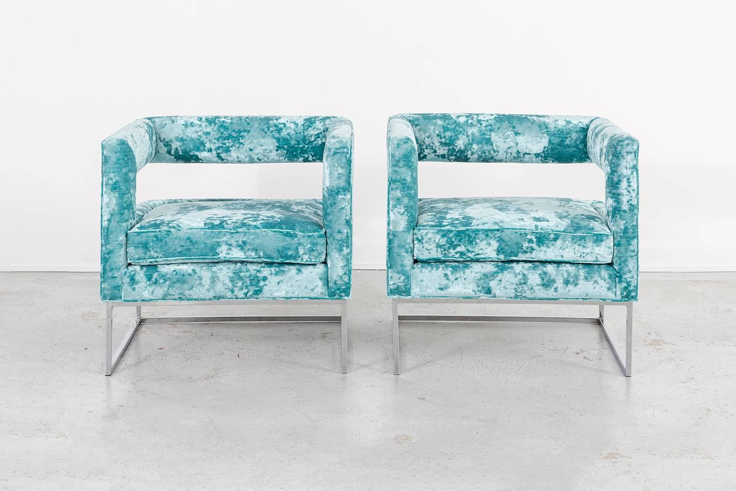 set of two open back chairs

often misattributed to Milo Baughman

USA, circa 1970s

chrome bases and reupholstered in velvet 

26” H x 28 ½” W x 26” D x seat 16” H

sold as a set.

fabric sample available upon request