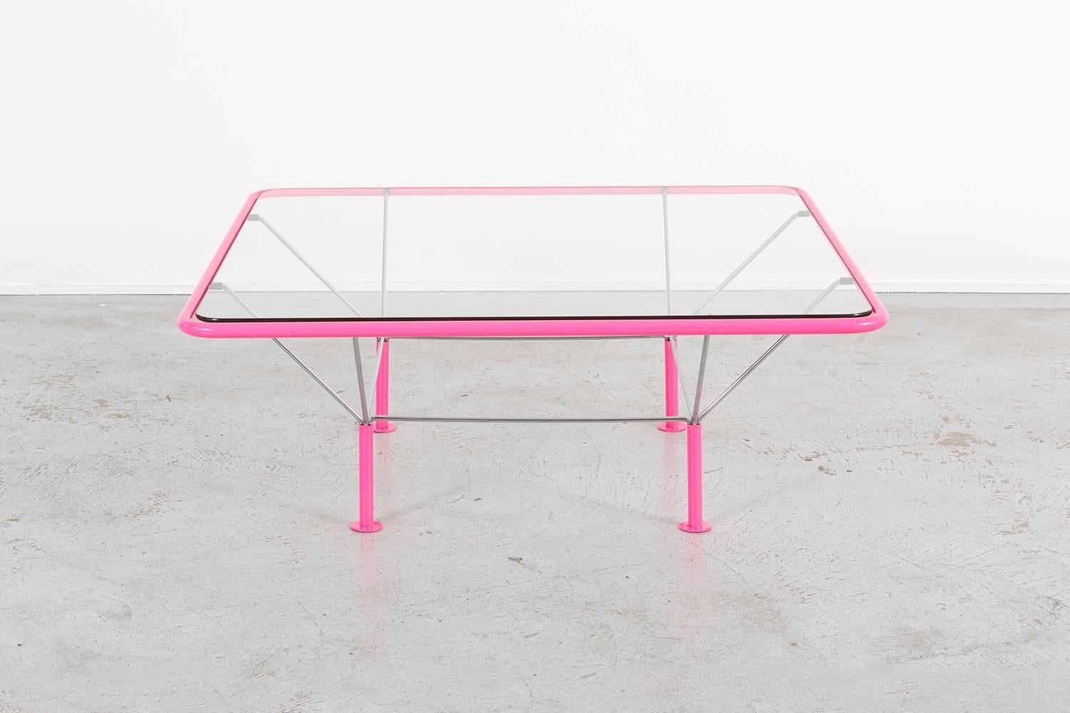 Coffee table

Designed by Niels Bendsten

Denmark, circa 1980s

Glass and refinished metal

Measure: 15 ?” H x 39 ½” W x 39 ½” D.