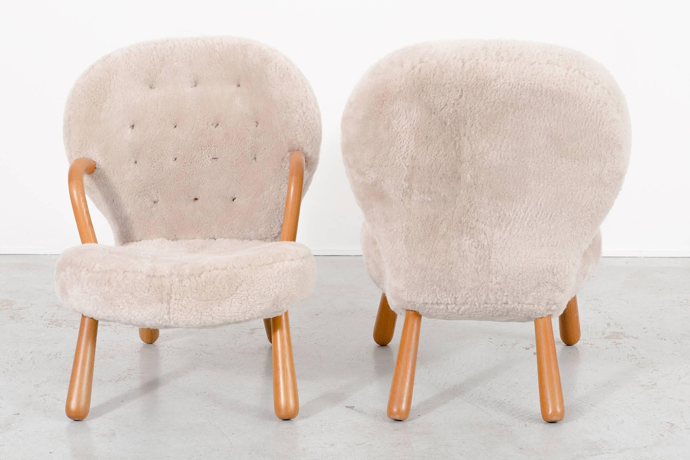 Danish Set of Clam Chairs by Phillip Arctander Freshly Reupholstered in Sheepskin