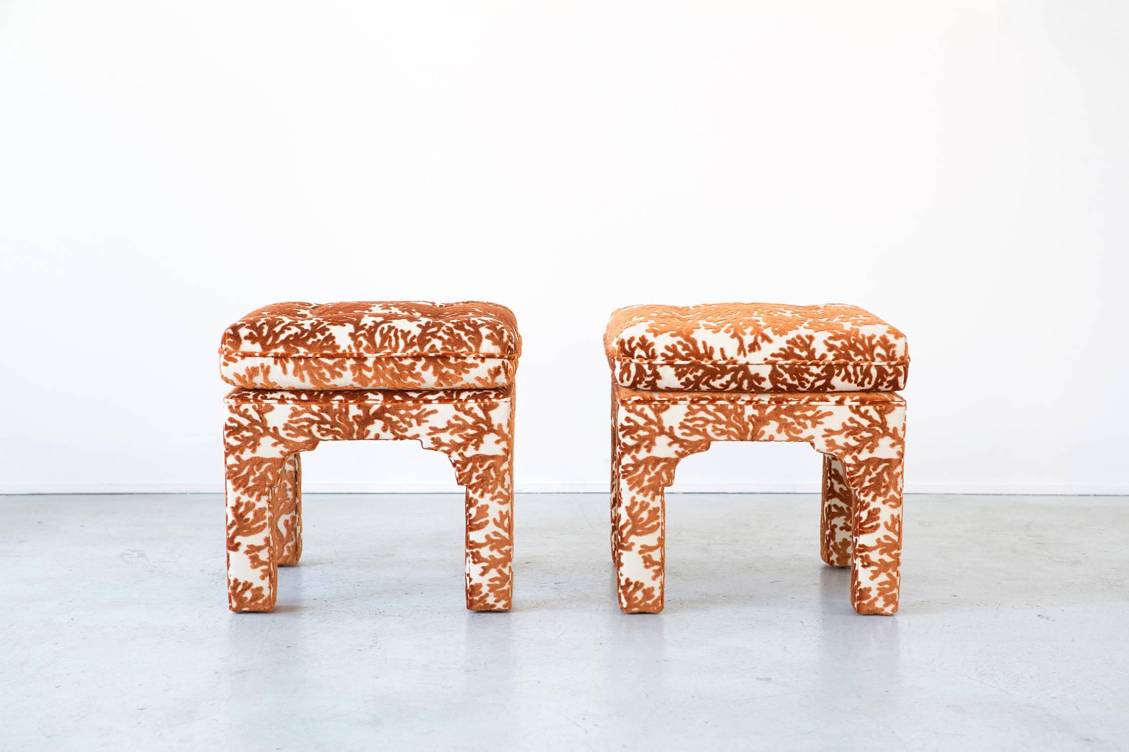 Set of two stools,

designed by Milo Baughman freshly reupholstered in Holly Hunt fabric,

USA.

Measures: 19 ½
