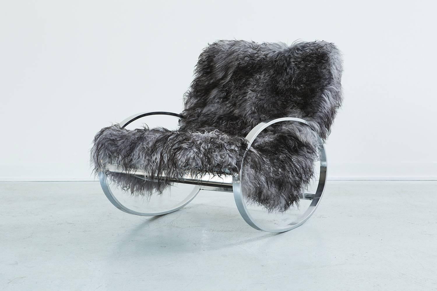 Mid-Century Modern Selig Rocking Chair and Ottoman by Revi Zentao in Mongolian Sheepskin