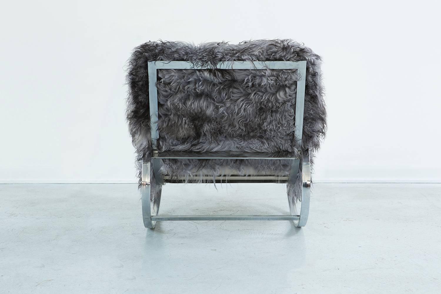 American Selig Rocking Chair and Ottoman by Revi Zentao in Mongolian Sheepskin