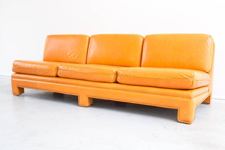 Milo Baughman Chinoiserie Armless Sofa In Tangerine Orange Leather