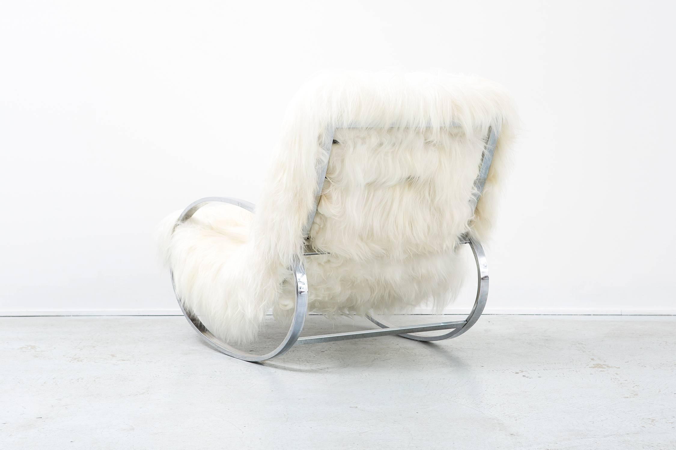 Late 20th Century Selig Rocking Chair and Ottoman by Revi Zentao in Mongolian Sheepskin