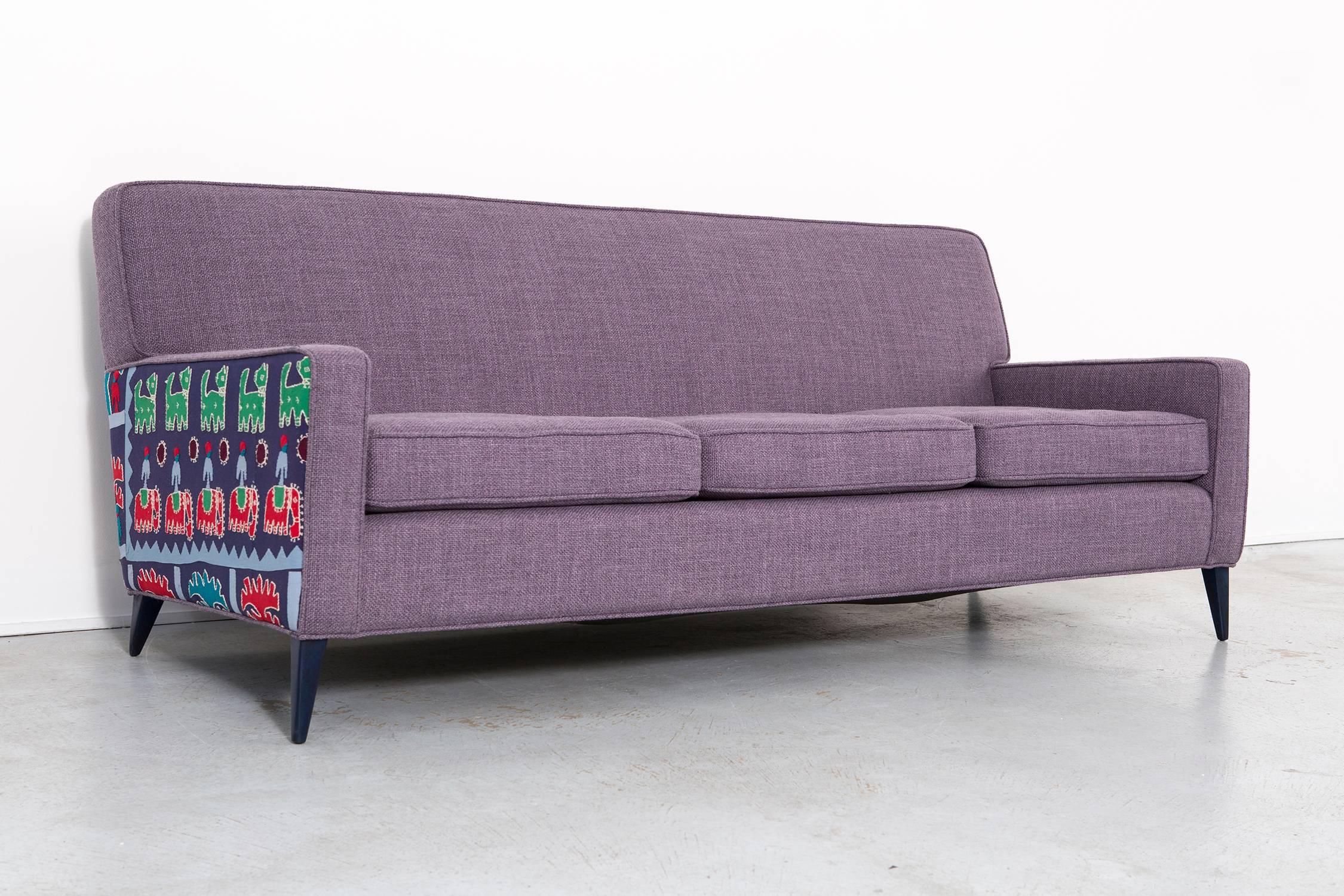 Mid-Century Modern Paul McCobb Sofa Reupholstered in Maharam Cotton + 1940s Indian Cloth