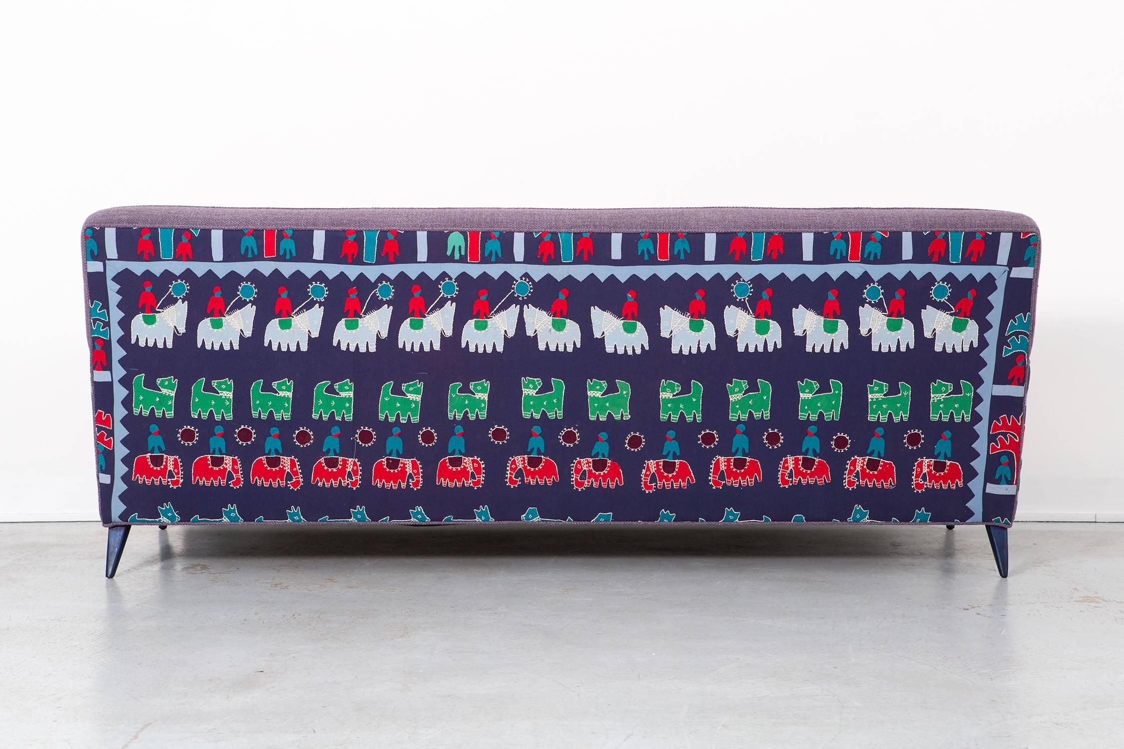 American Paul McCobb Sofa Reupholstered in Maharam Cotton + 1940s Indian Cloth