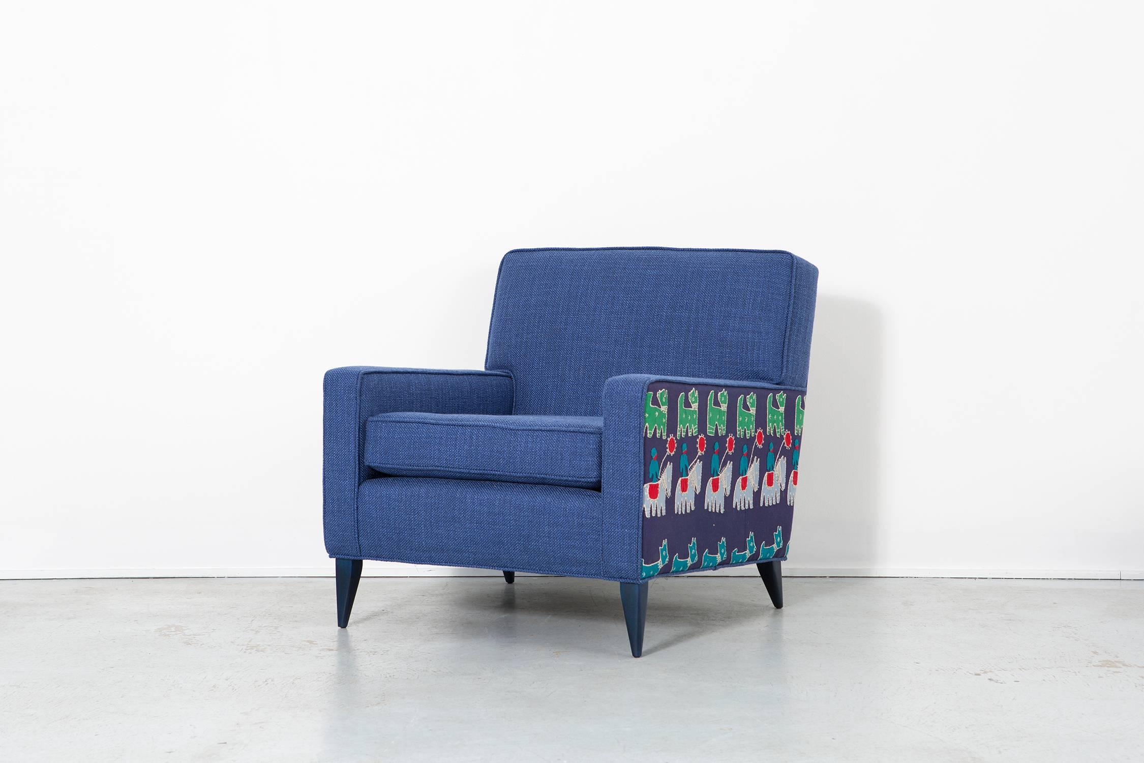 Mid-Century Modern McCobb Chair and Ottoman Reupholstered in Maharam Cotton + 1940s Indian Cloth For Sale