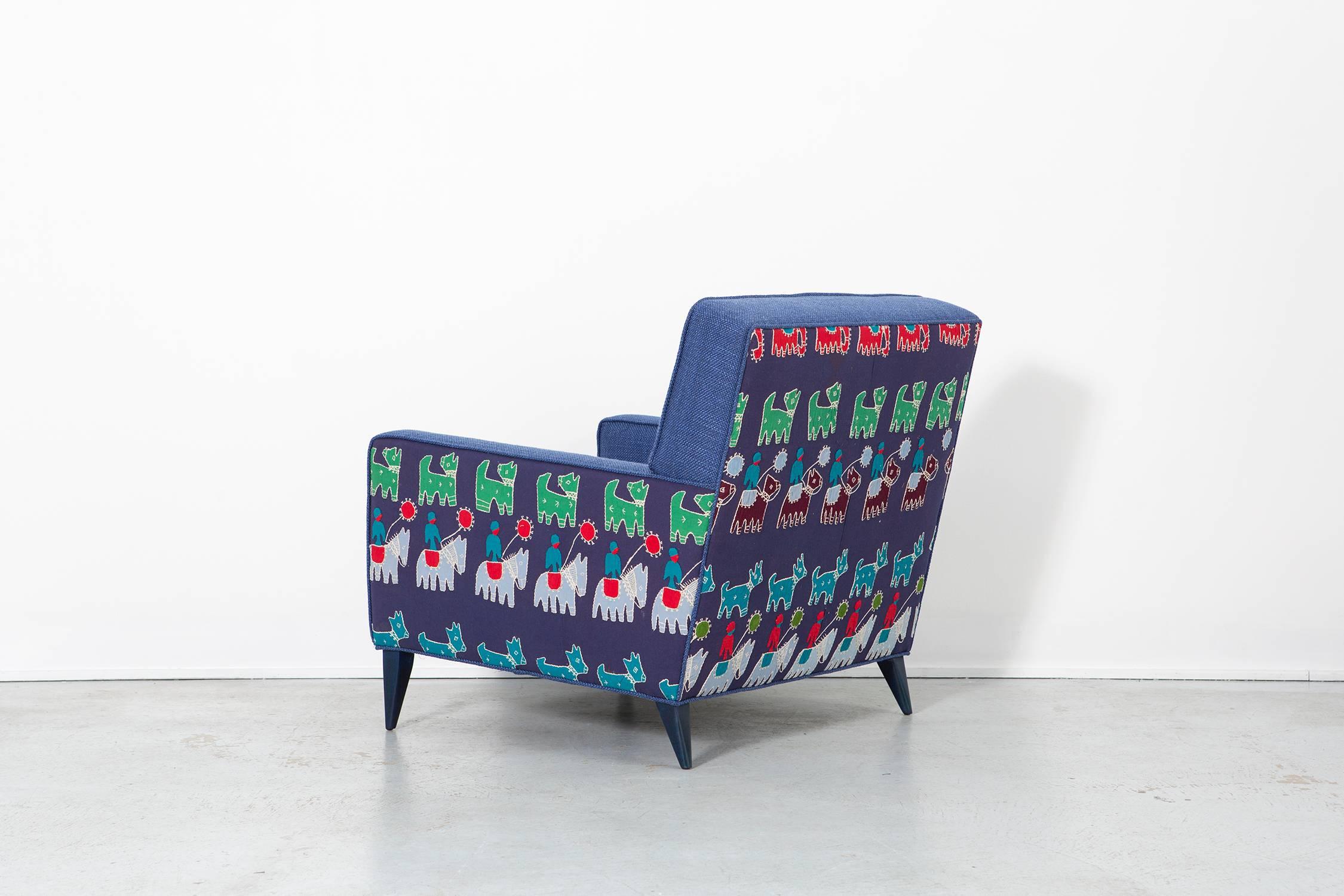 American McCobb Chair and Ottoman Reupholstered in Maharam Cotton + 1940s Indian Cloth For Sale