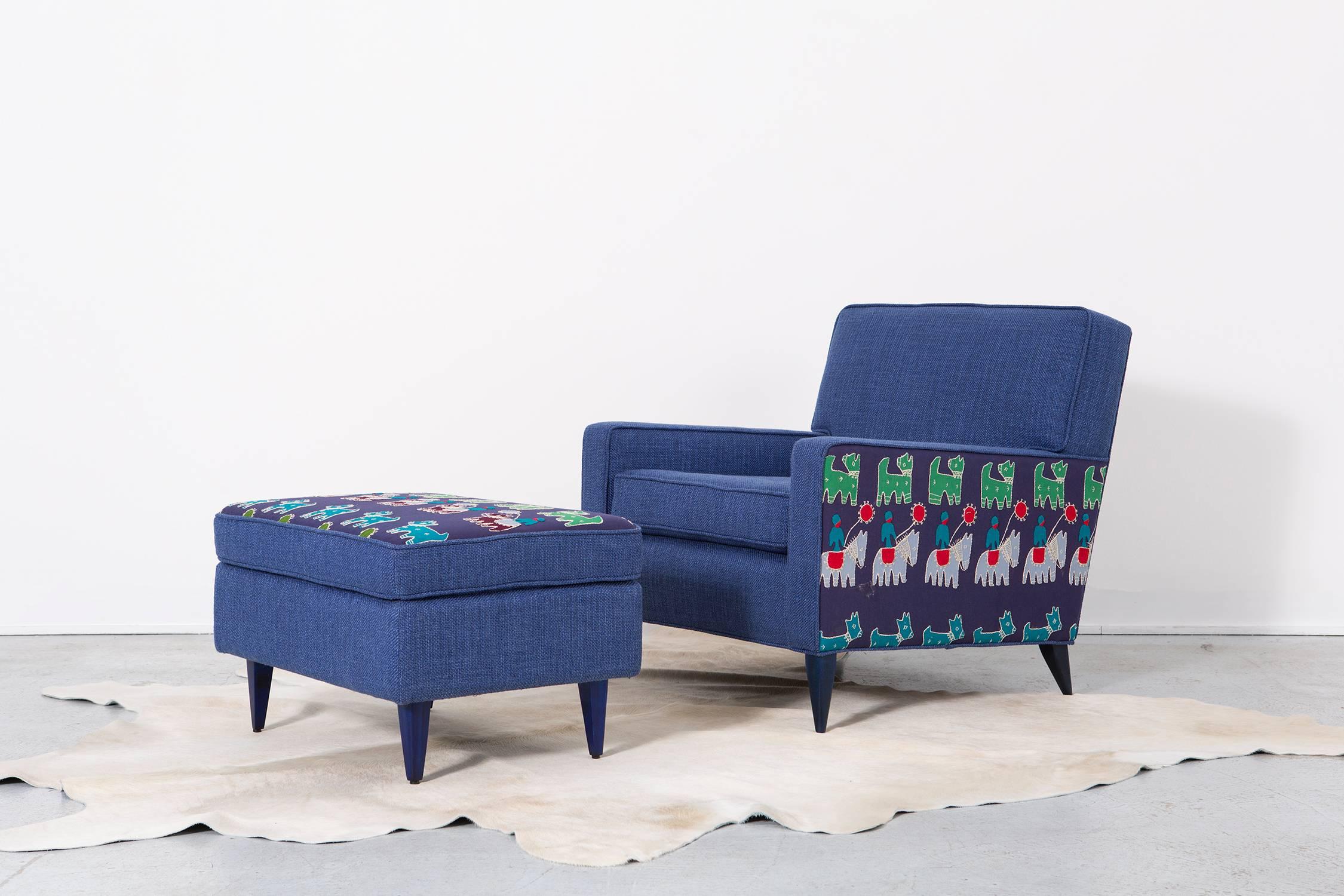 McCobb Chair and Ottoman Reupholstered in Maharam Cotton + 1940s Indian Cloth For Sale 2