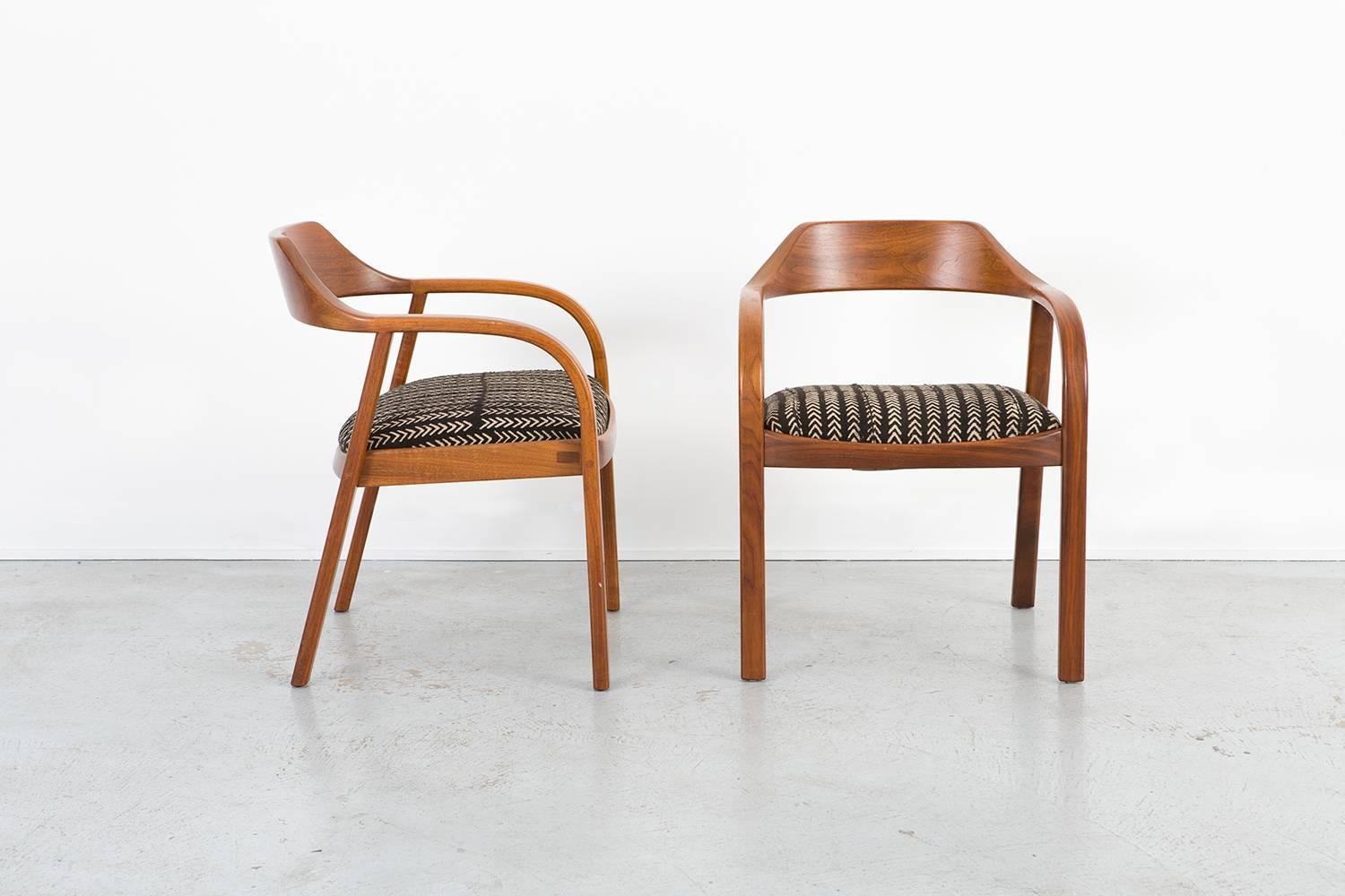 Set of two lounge chairs

Designer unknown

Manufactured for Risom, Marble Corporation

USA, circa 1970s

 Walnut frames and reupholstered in mud cloth from Zimbabwe 

Measures: 29” H x 22 ½” W x 23 ½” D x seat 18 ½” H

Sold as a set.

fabric sample