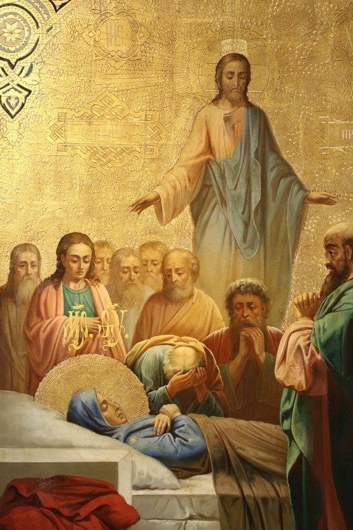 Russian icon.

Dormition of Mother of God.
Oil on board, incised gold leaf on the background. Edges decorated with cloisonné enamel. Dimensions: 40” x 28”.

circa 1890.

Many years after Pentecost, when the apostles had already dispersed