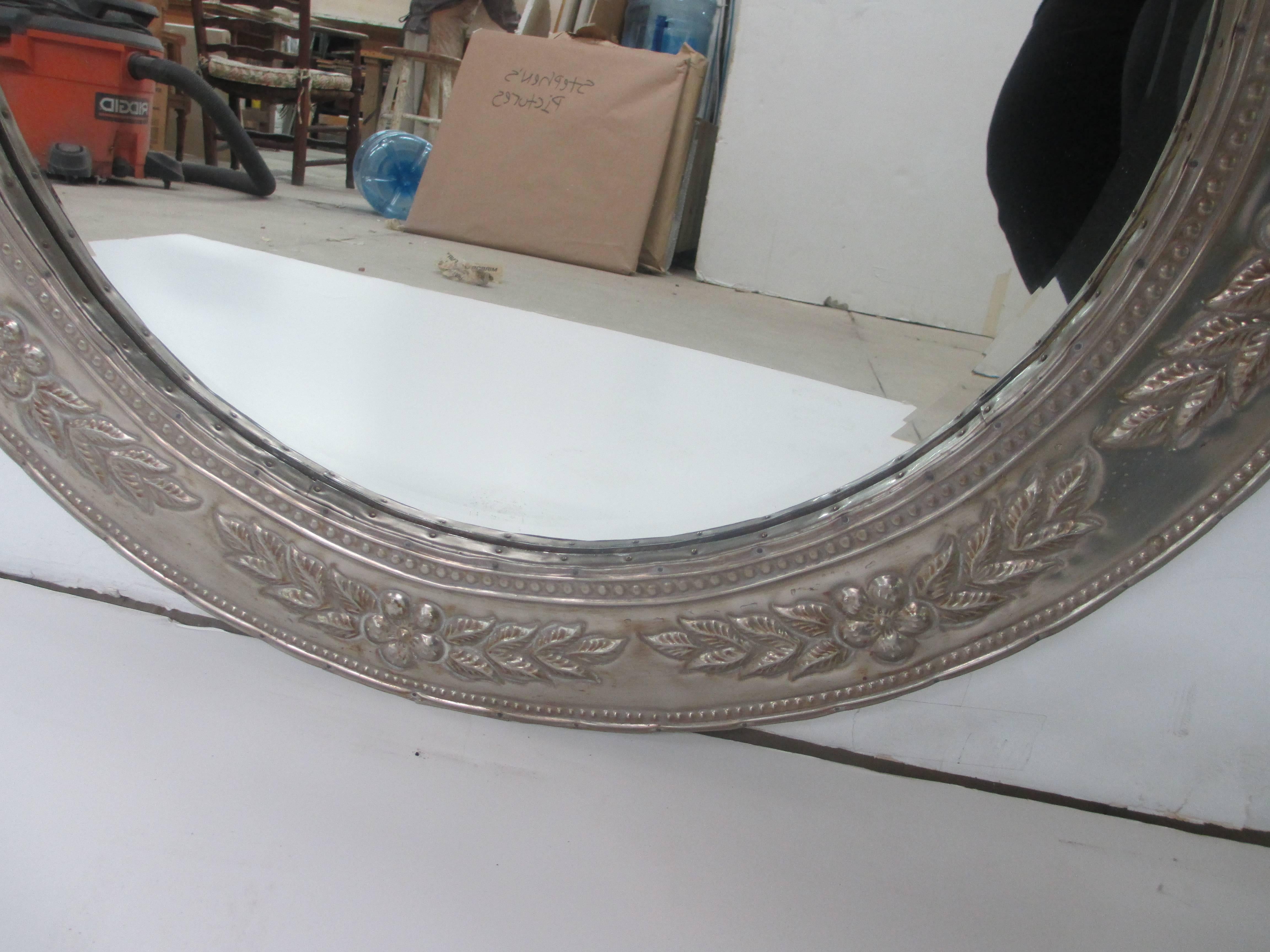 Greco Roman Round Metal-Clad Mirror For Sale
