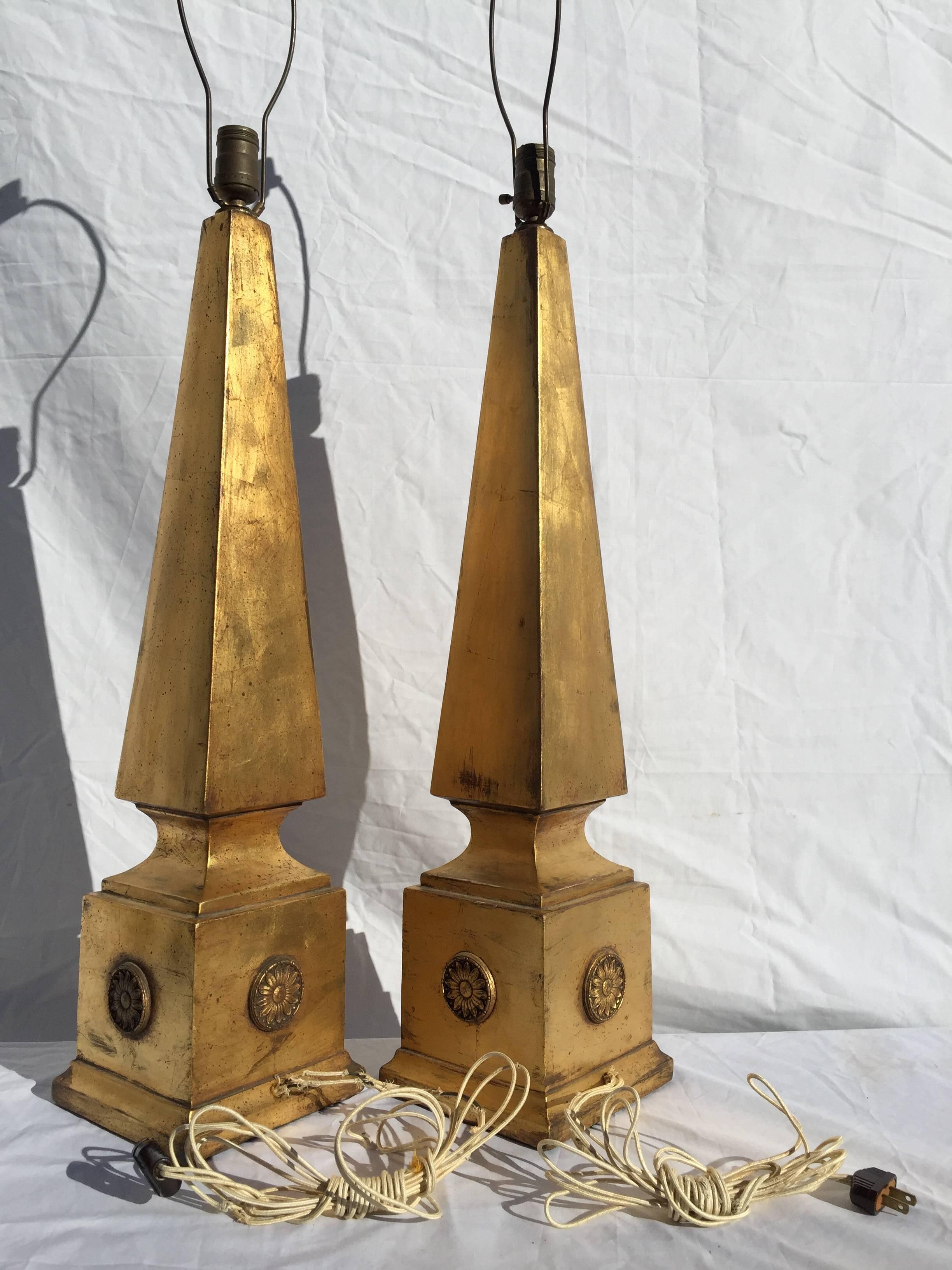 Pair of Monumental and Chic Gilt Obelisk Form Lamps with Sunflower Medallions 4