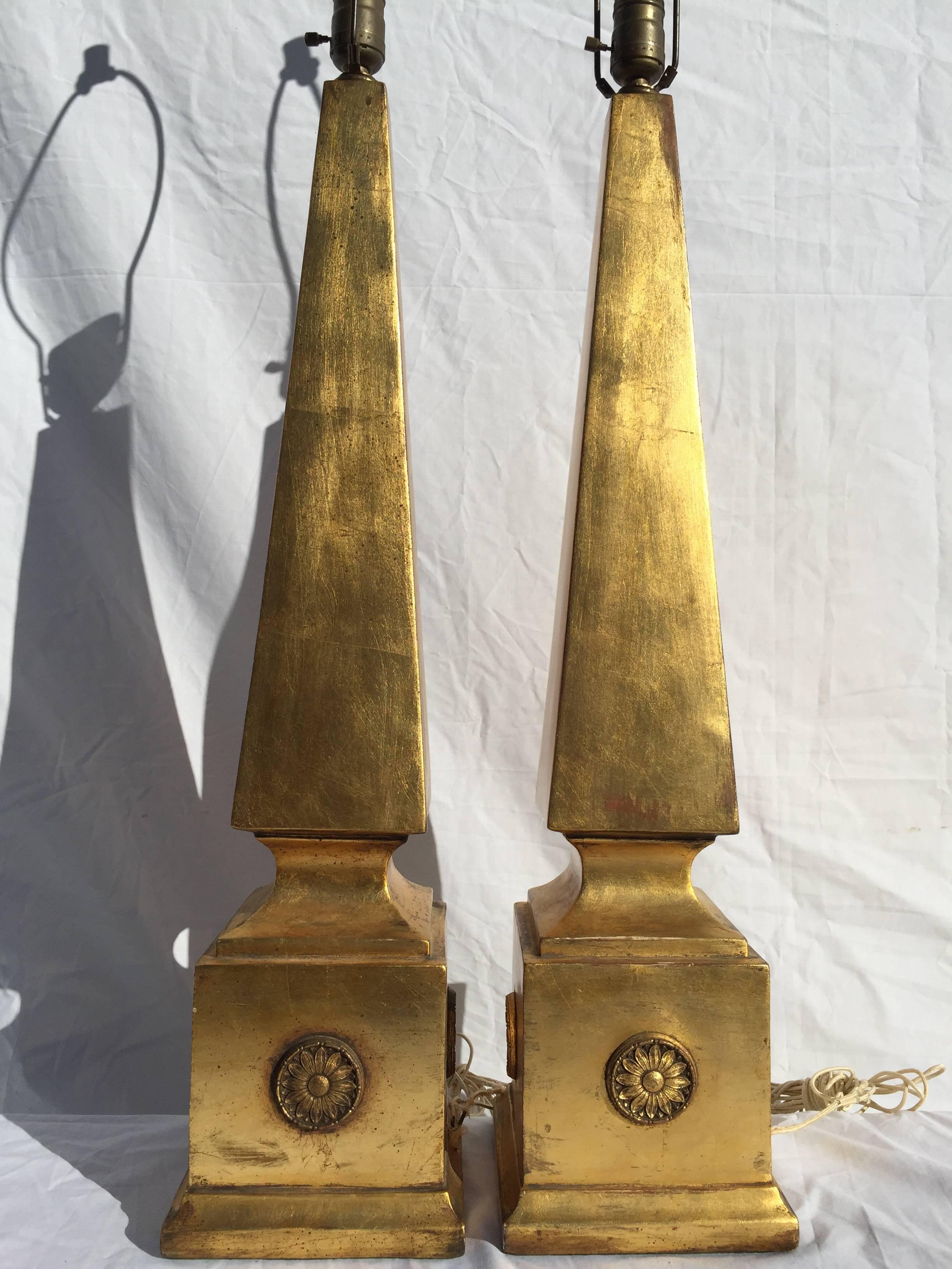 Pair of Monumental and Chic Gilt Obelisk Form Lamps with Sunflower Medallions 5