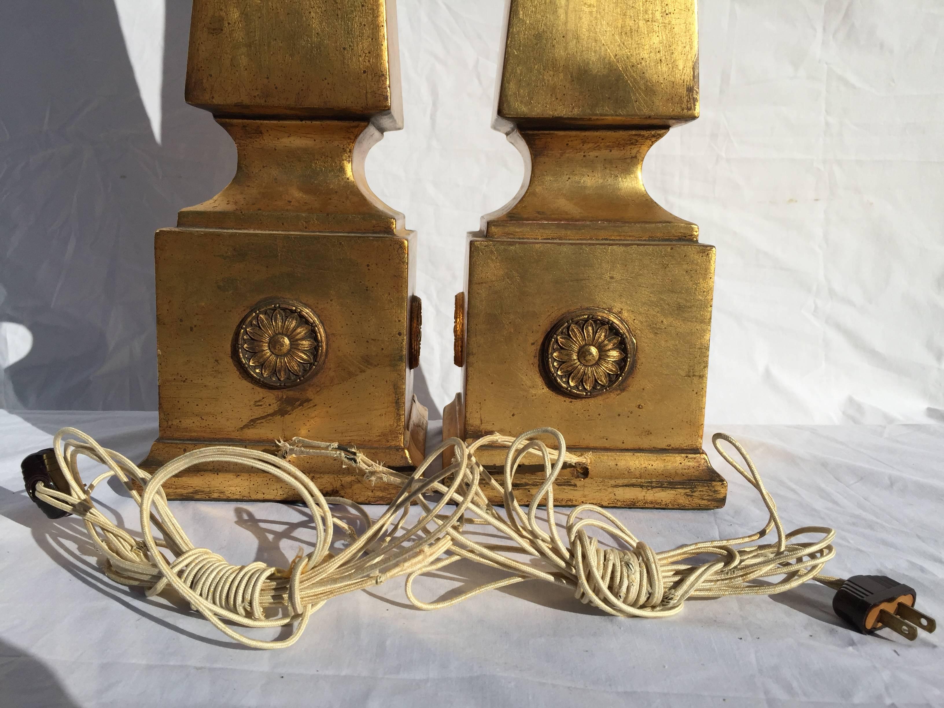 Pair of Monumental and Chic Gilt Obelisk Form Lamps with Sunflower Medallions 3