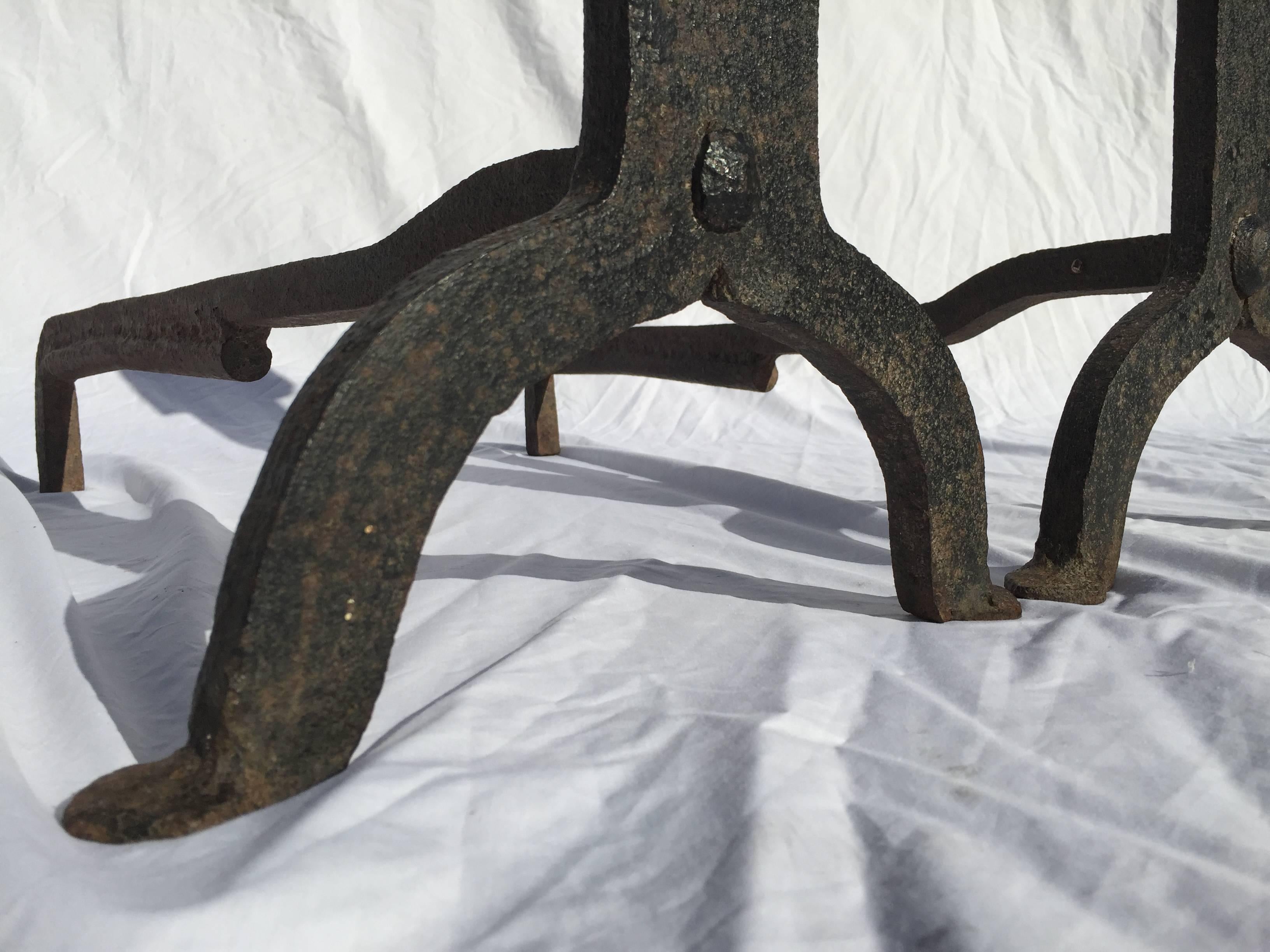 Iron Pair of Massive Early American Wrought Hand Forged Andirons
