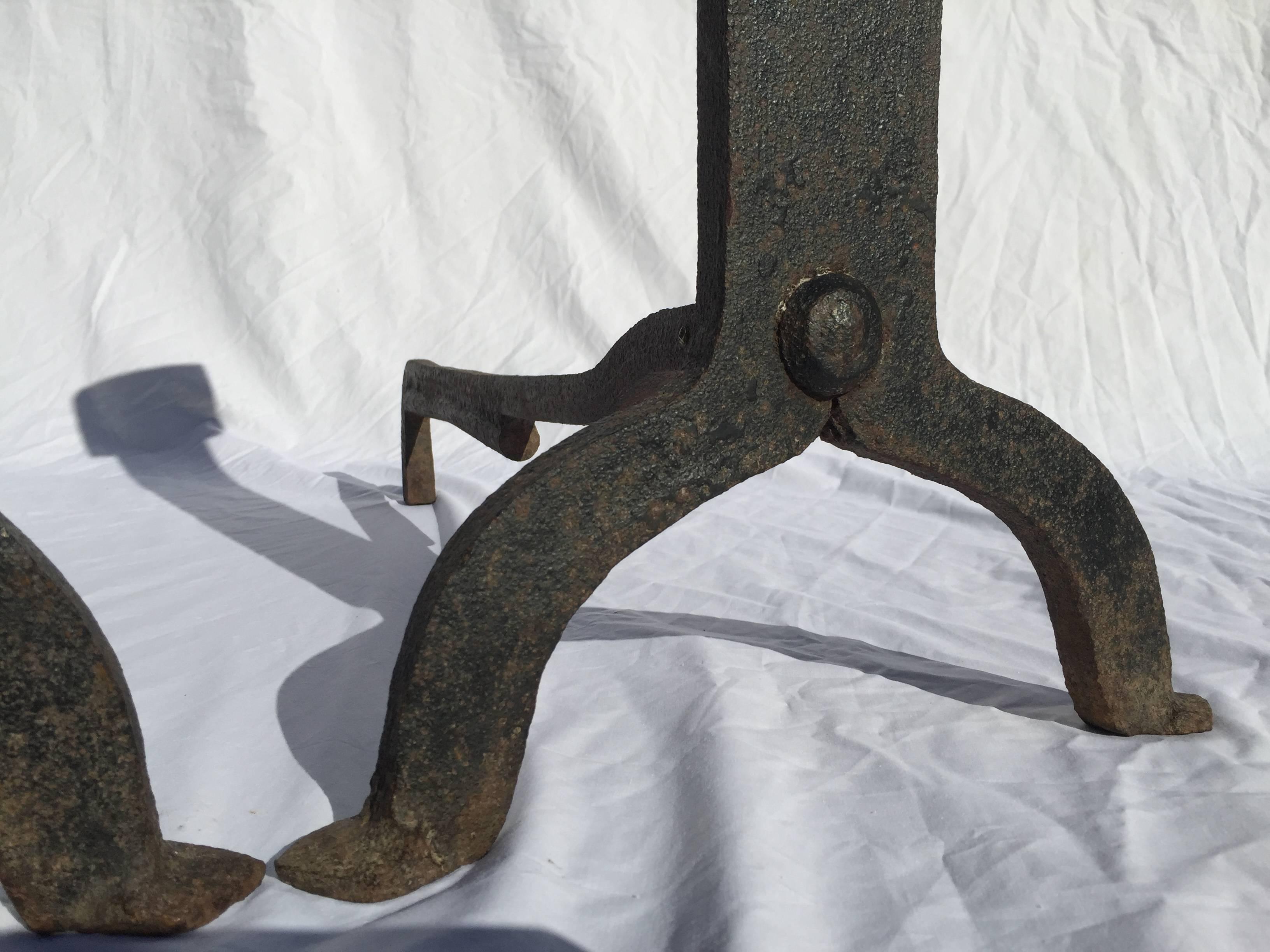 Pair of Massive Early American Wrought Hand Forged Andirons 1