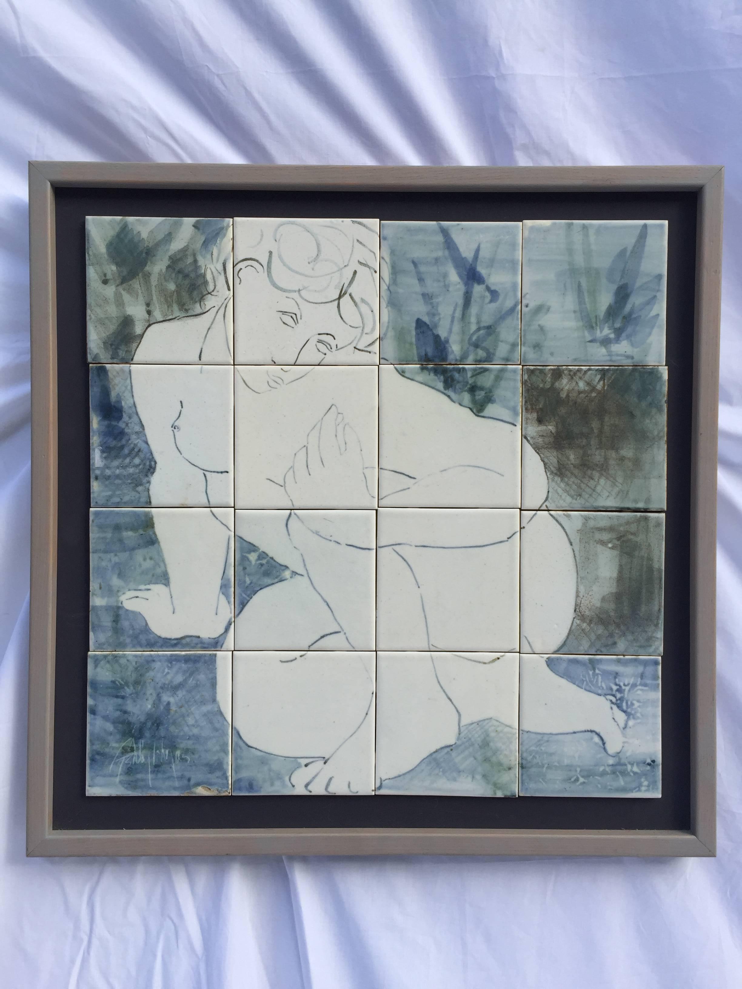 A vintage pair of nude classical style male and female figures as ceramic tile art murals. Each work is signed illegibly and one looks is dated. The tiles have been attached to a wood support and framed. There are 16 tiles in each work and the