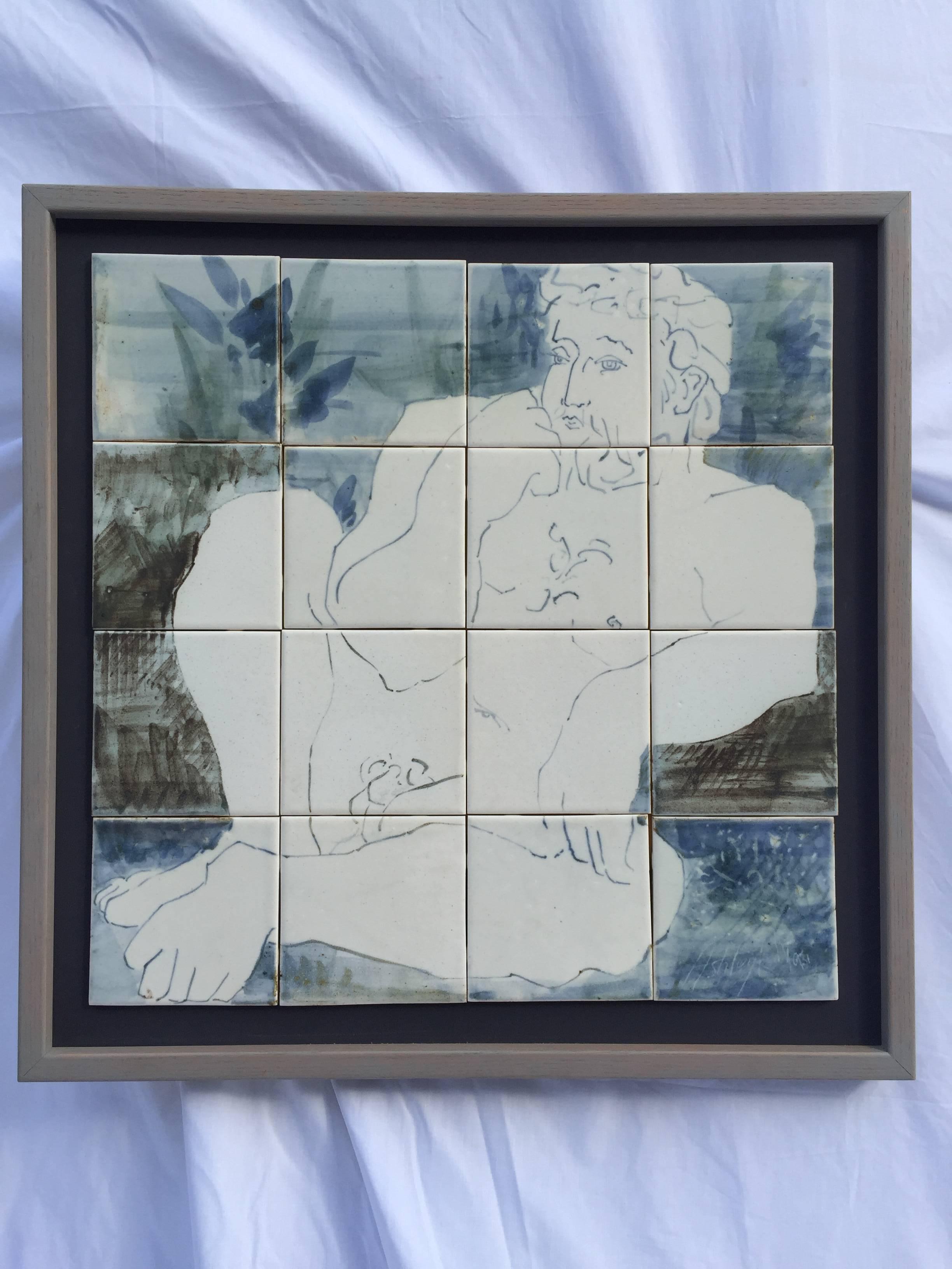Pair of Signed Classical Style Man and Woman Nudes Glazed Ceramic Tile Murals For Sale 1