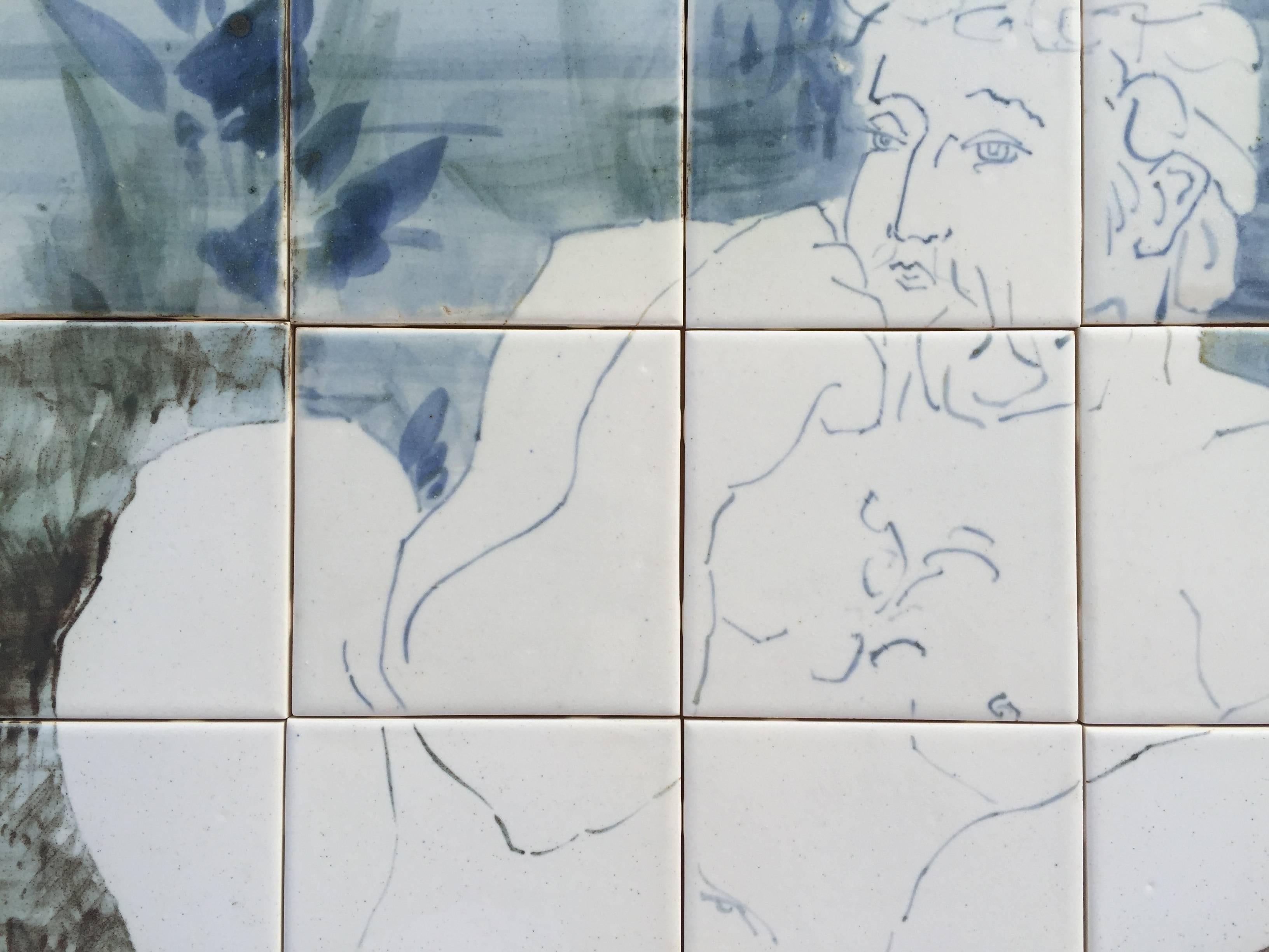 Pair of Signed Classical Style Man and Woman Nudes Glazed Ceramic Tile Murals For Sale 2