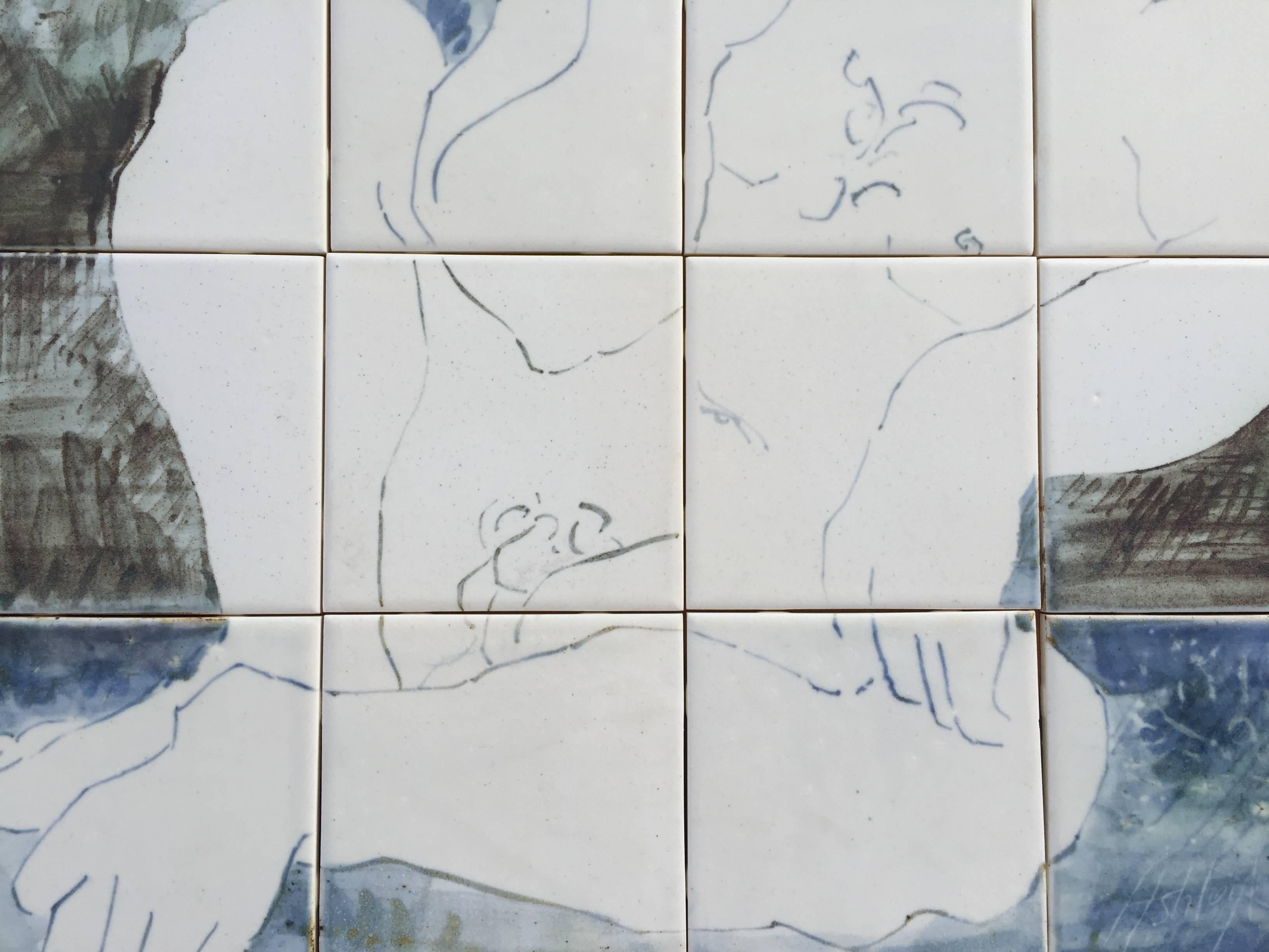 Pair of Signed Classical Style Man and Woman Nudes Glazed Ceramic Tile Murals For Sale 3