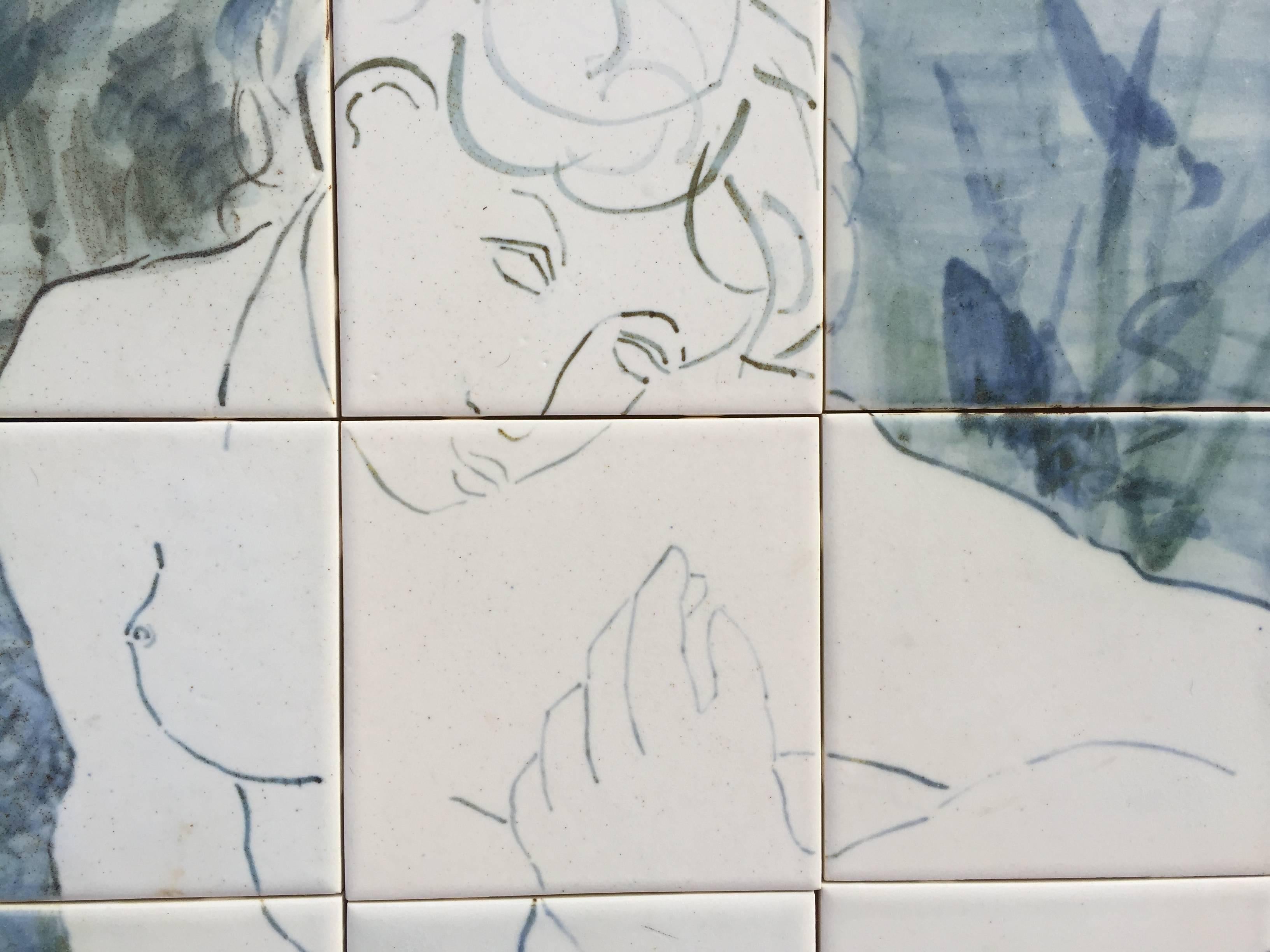 Painted Pair of Signed Classical Style Man and Woman Nudes Glazed Ceramic Tile Murals For Sale