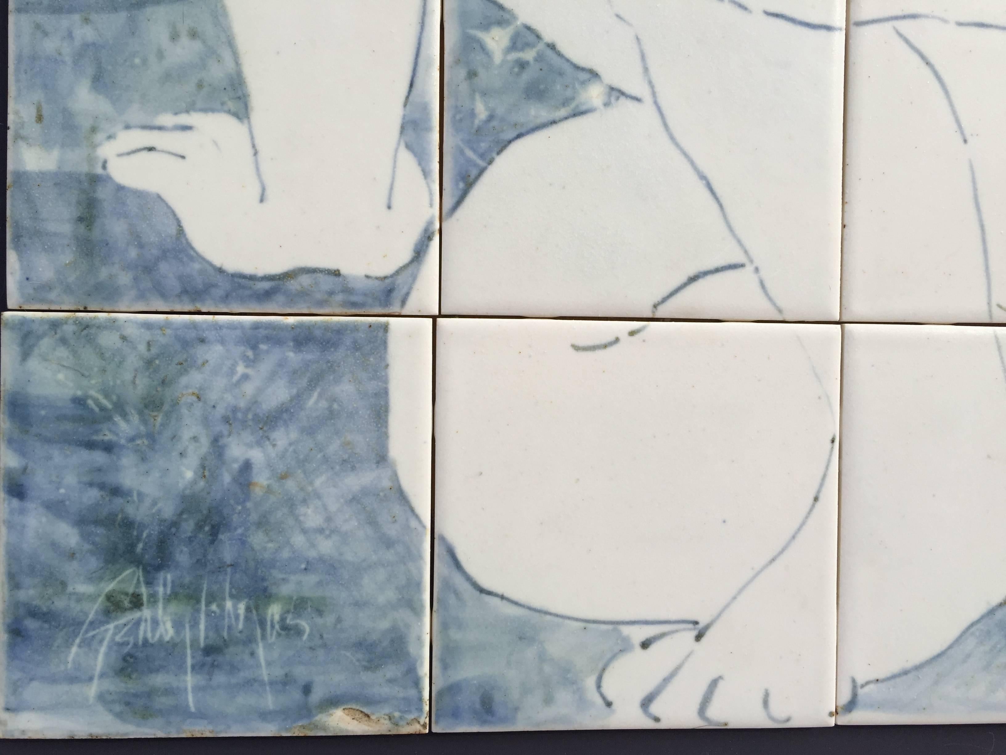 Pair of Signed Classical Style Man and Woman Nudes Glazed Ceramic Tile Murals In Good Condition For Sale In New York, NY