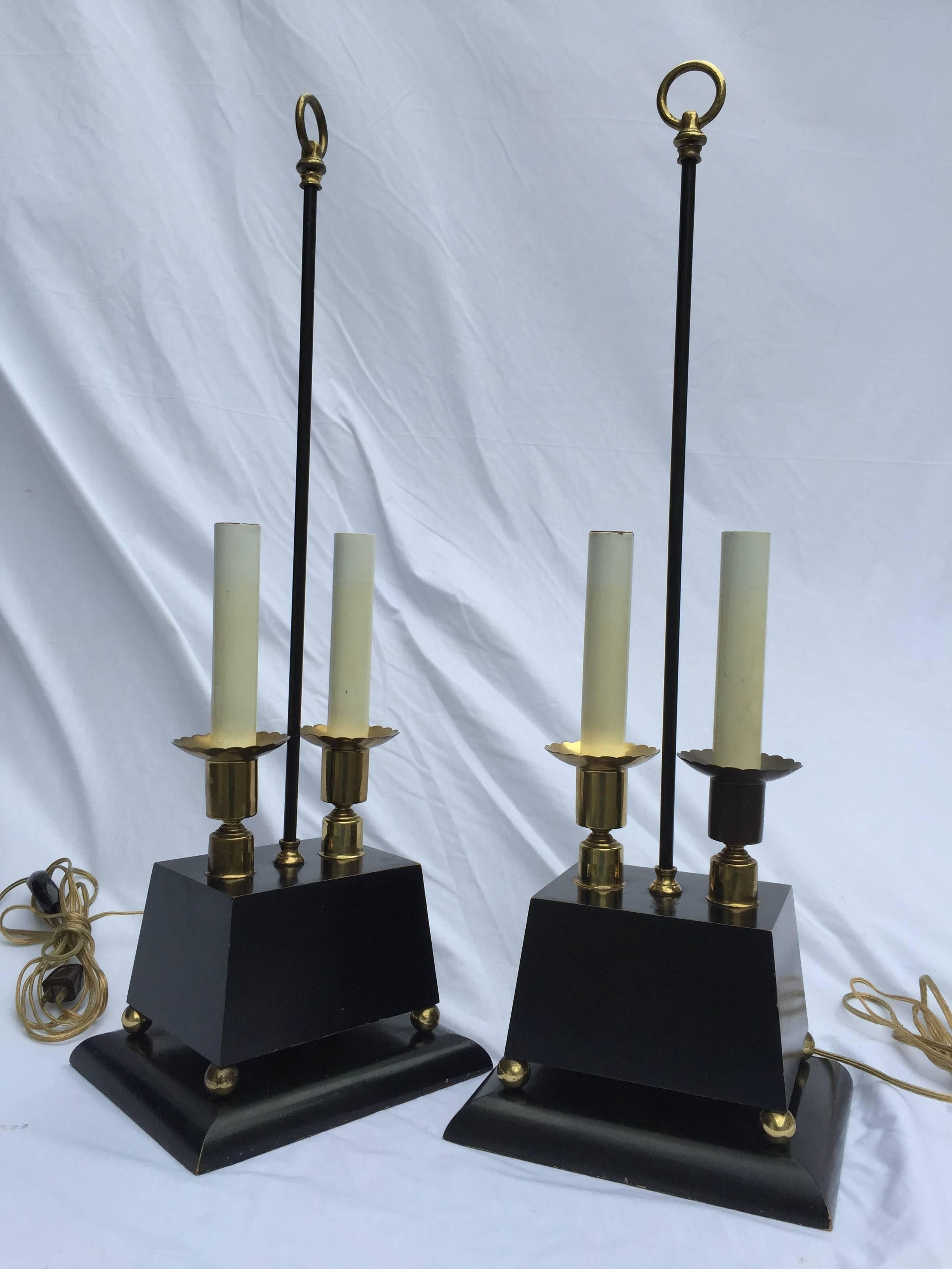 Pair of Parzinger-esque Wood and Brass Table Lamps with Trapezoid Bases 2