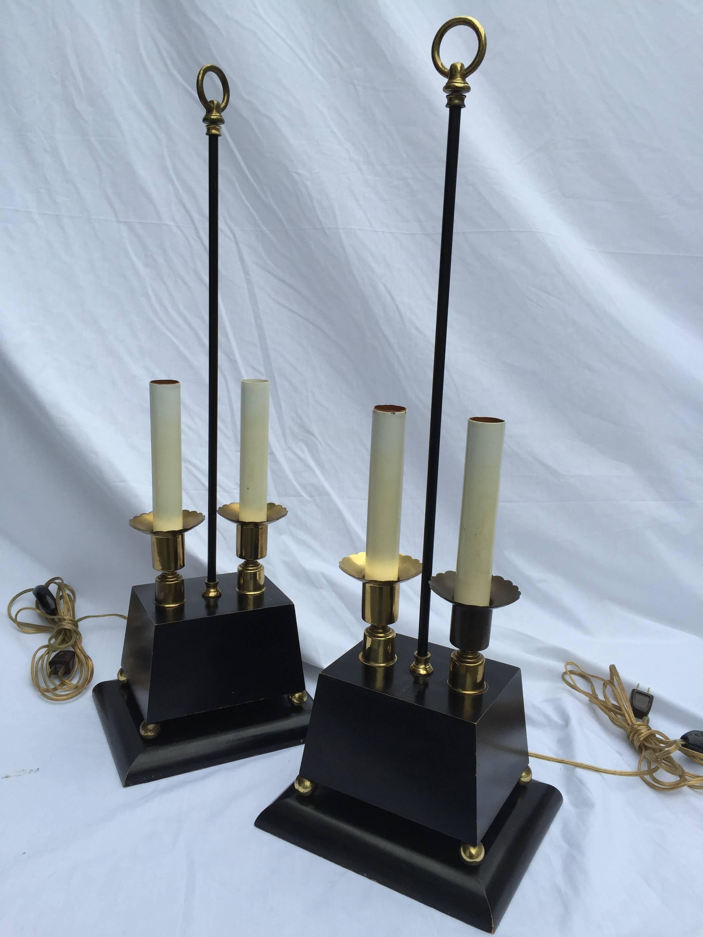 Pair of Parzinger-esque Wood and Brass Table Lamps with Trapezoid Bases 5