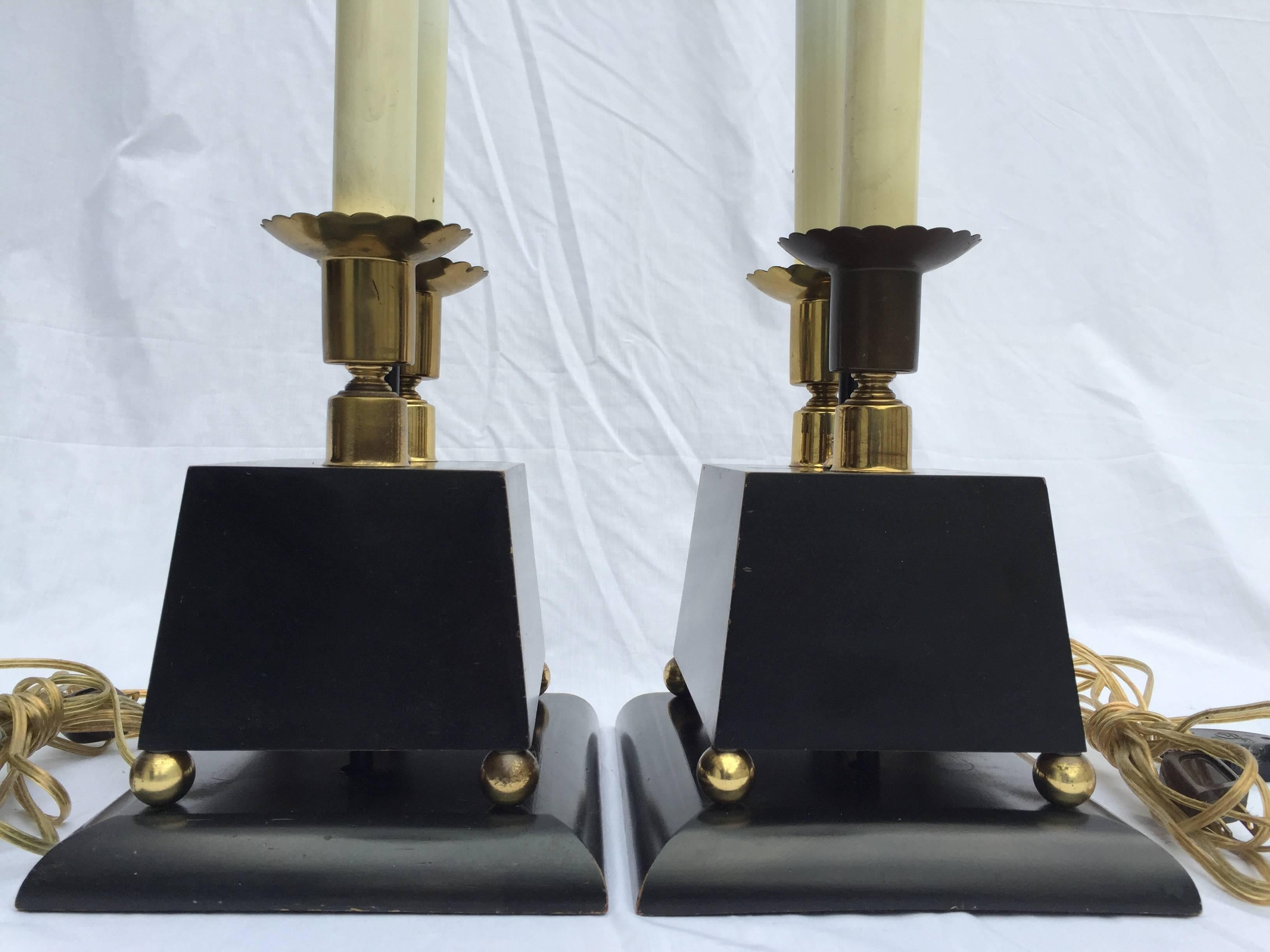 Painted Pair of Parzinger-esque Wood and Brass Table Lamps with Trapezoid Bases