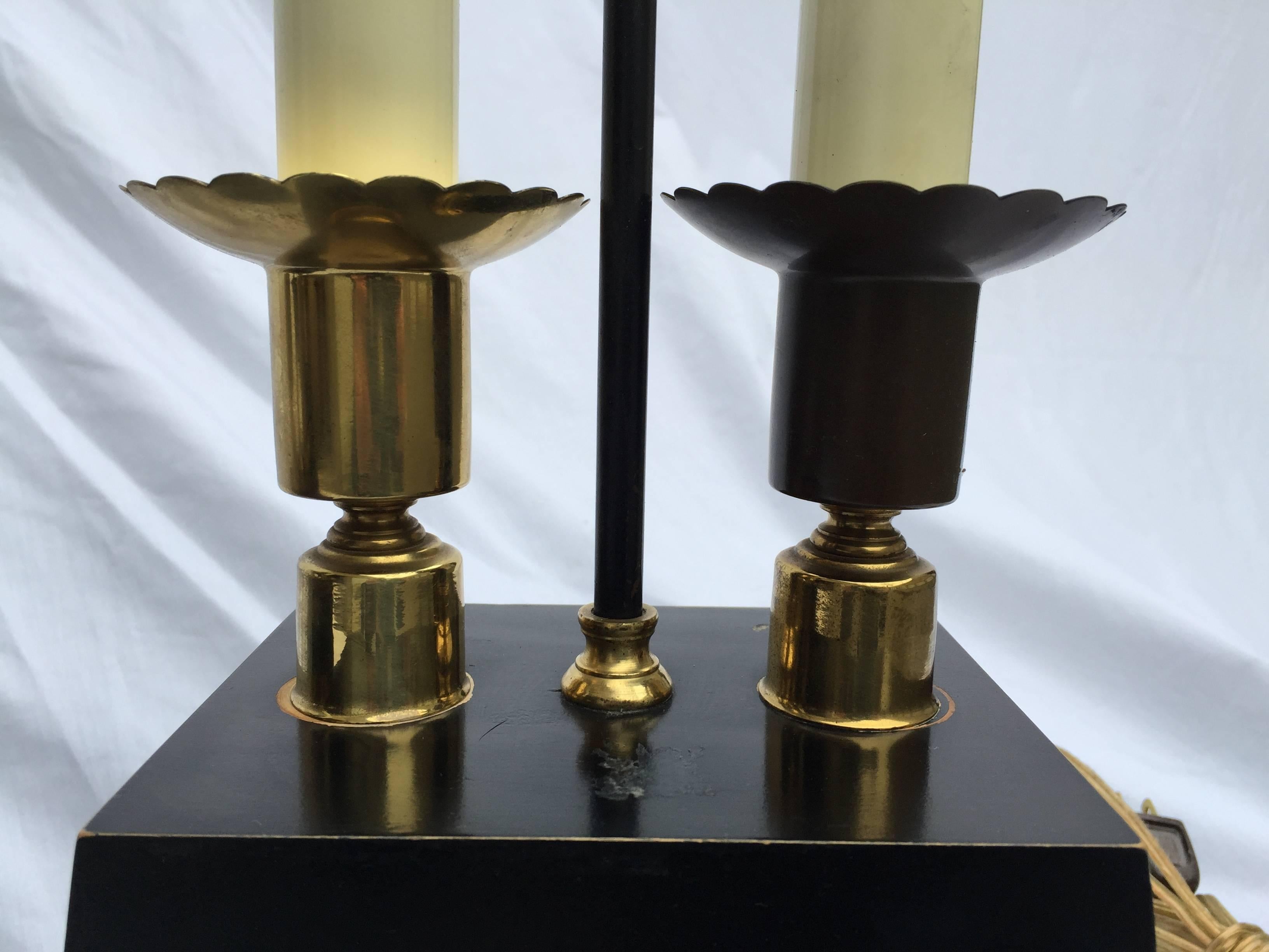 Pair of Parzinger-esque Wood and Brass Table Lamps with Trapezoid Bases 3