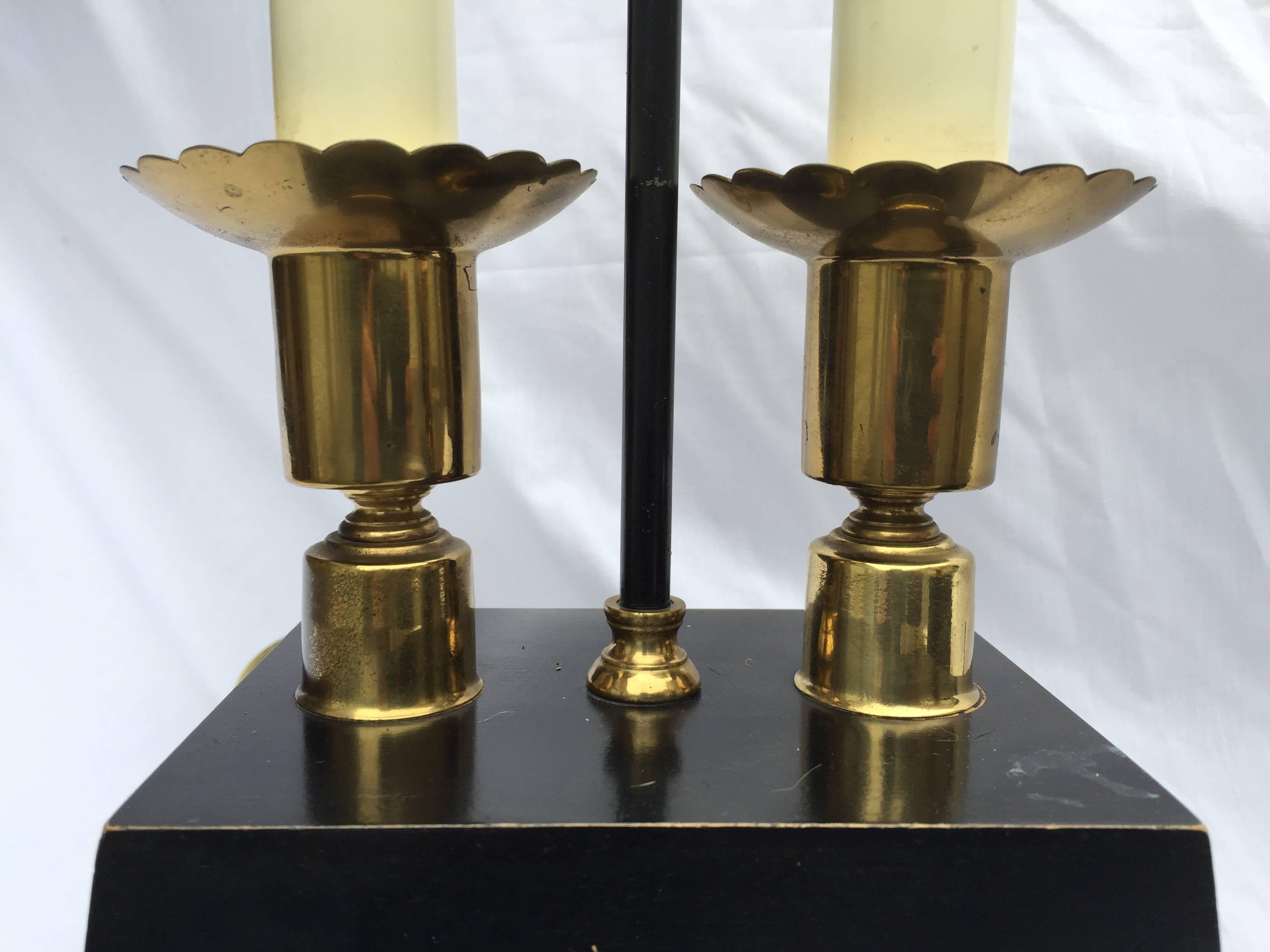 Pair of Parzinger-esque Wood and Brass Table Lamps with Trapezoid Bases 4