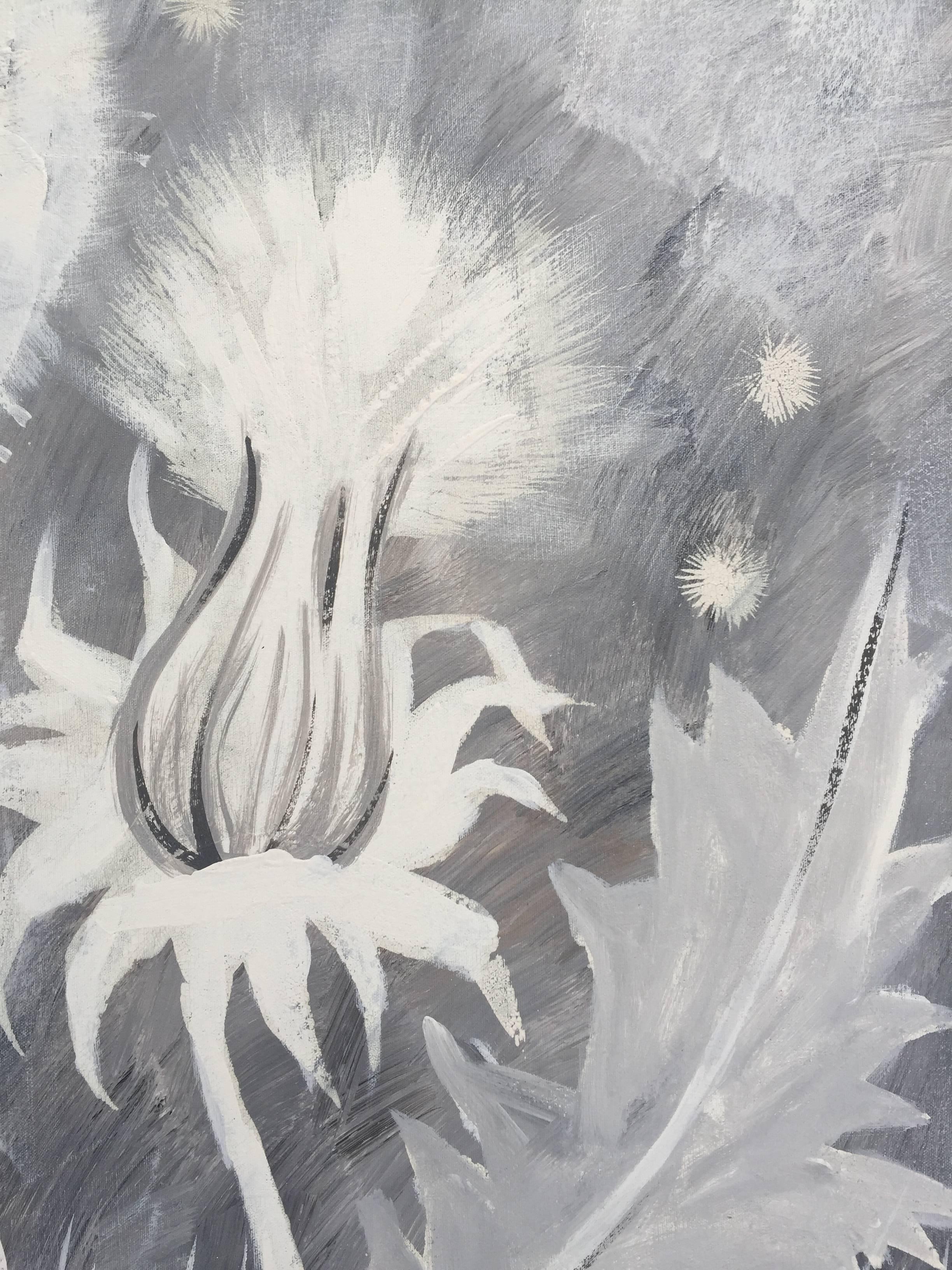 Mid-Century Modern Midcentury 50 Shades of Grey Dandelion Painting by LA Artist Lee Reynolds