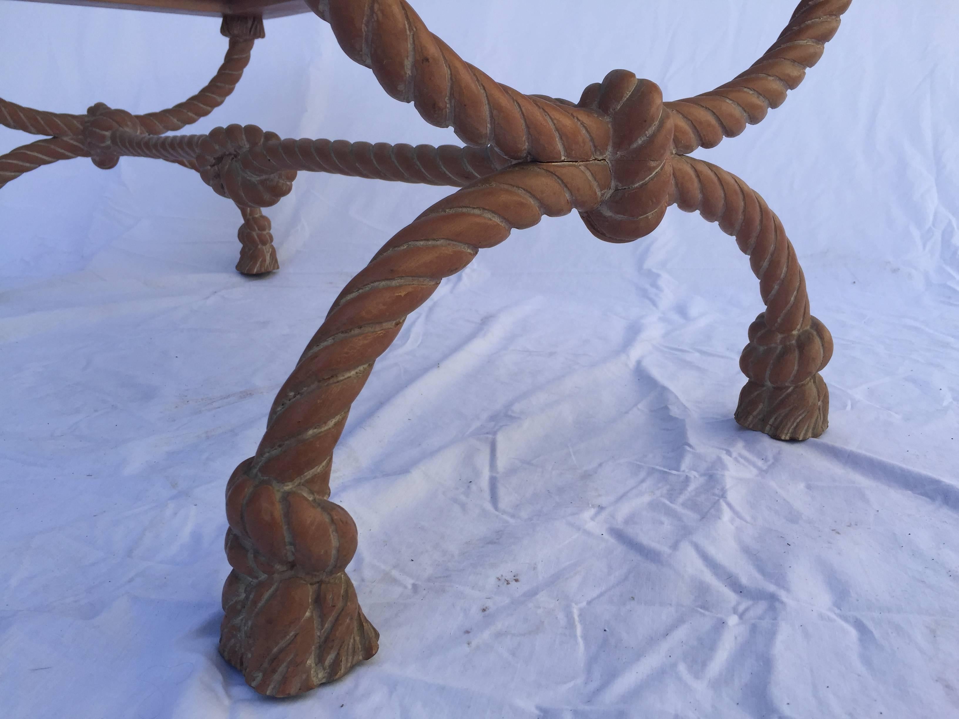 20th Century Pickled Vintage Italian Carved Wood Rope, Knot and Tassel Table with Mirror Top For Sale