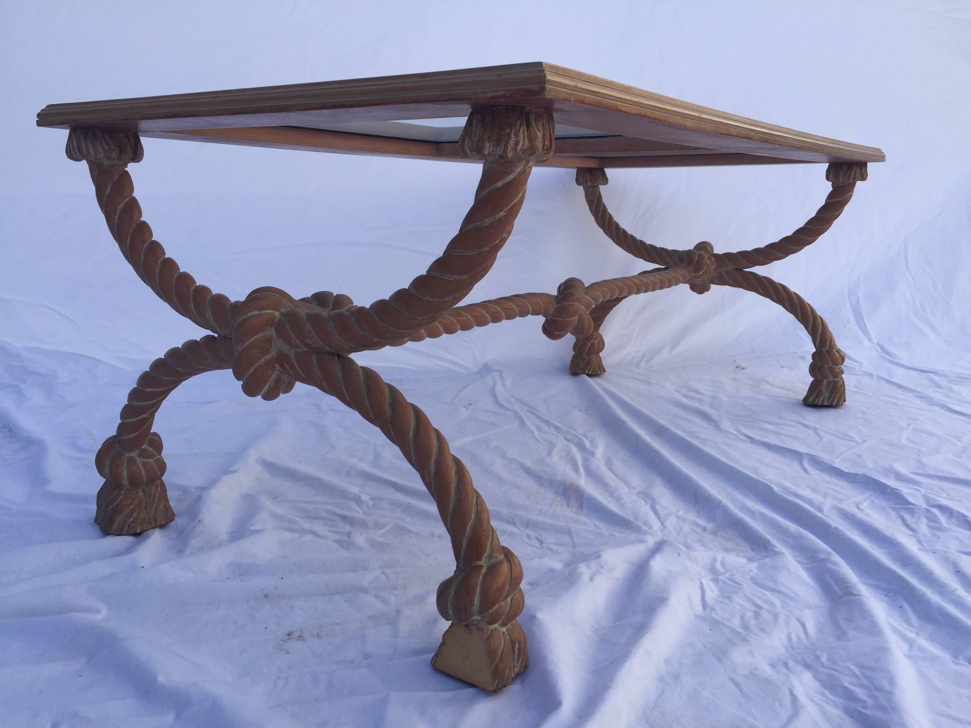 Glass Pickled Vintage Italian Carved Wood Rope, Knot and Tassel Table with Mirror Top For Sale