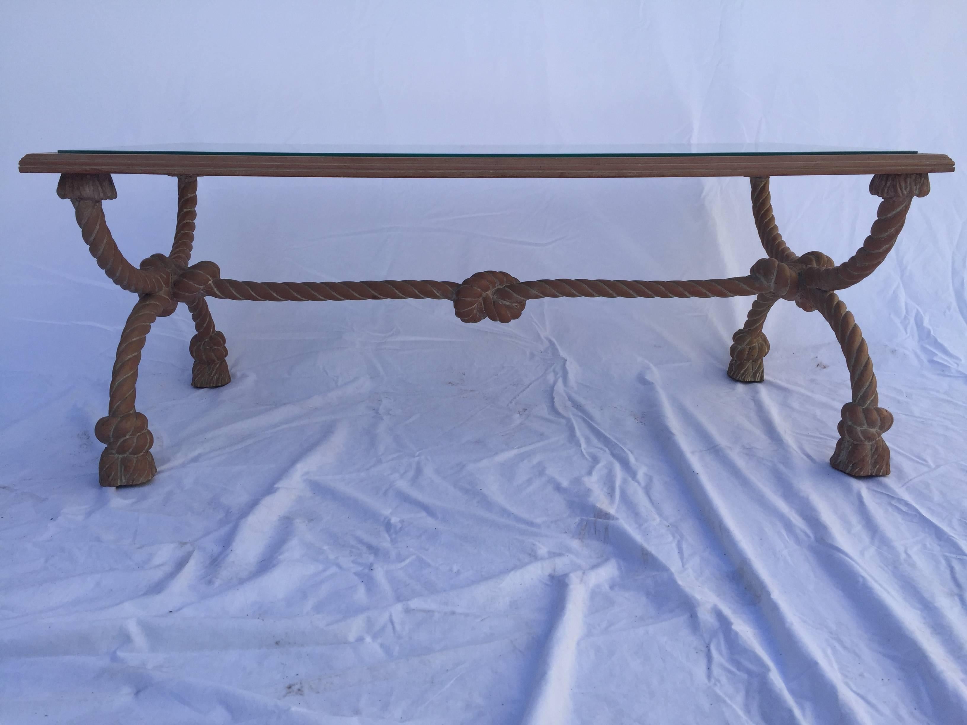 Pickled Vintage Italian Carved Wood Rope, Knot and Tassel Table with Mirror Top For Sale 3