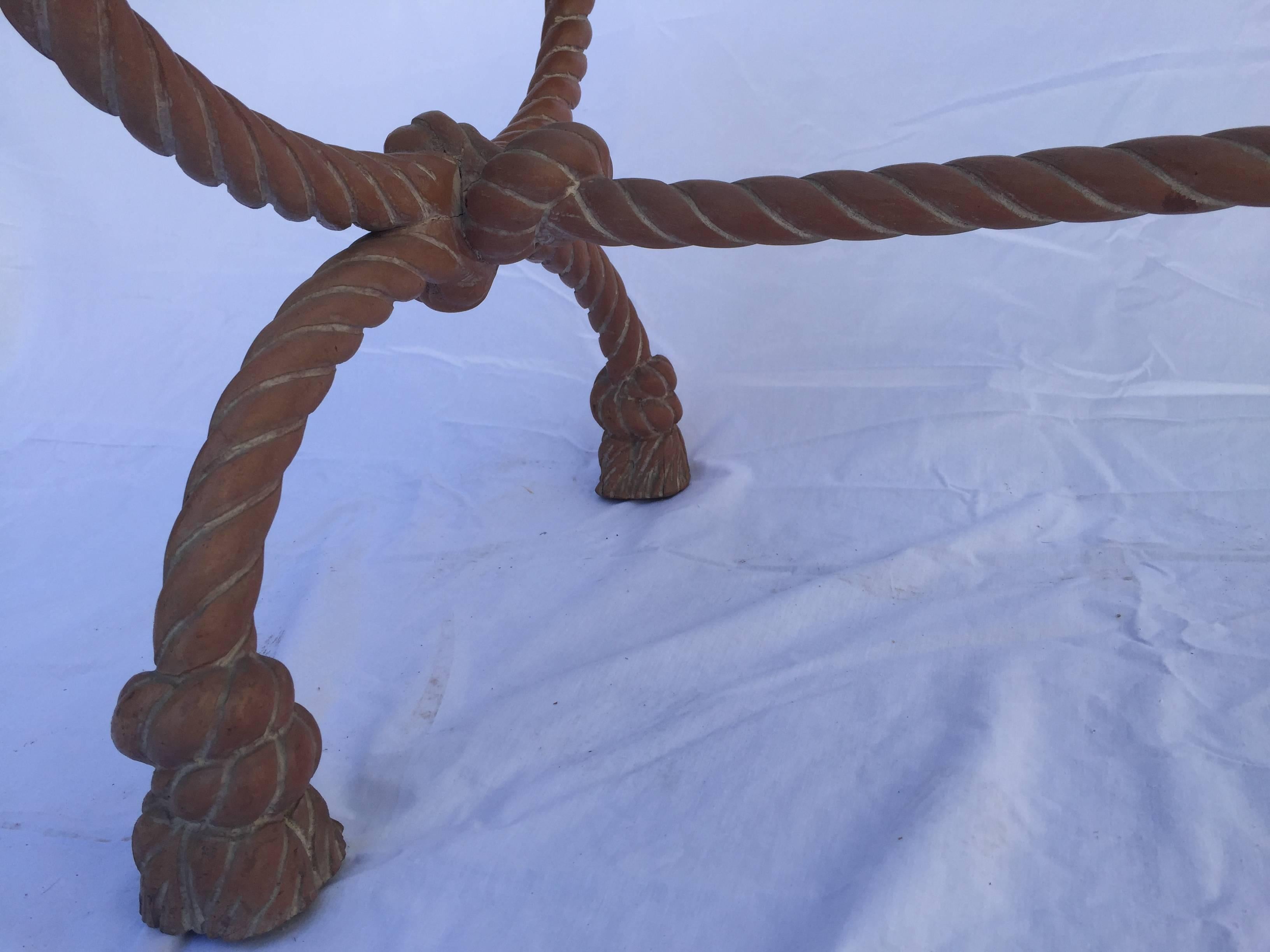 Pickled Vintage Italian Carved Wood Rope, Knot and Tassel Table with Mirror Top For Sale 4