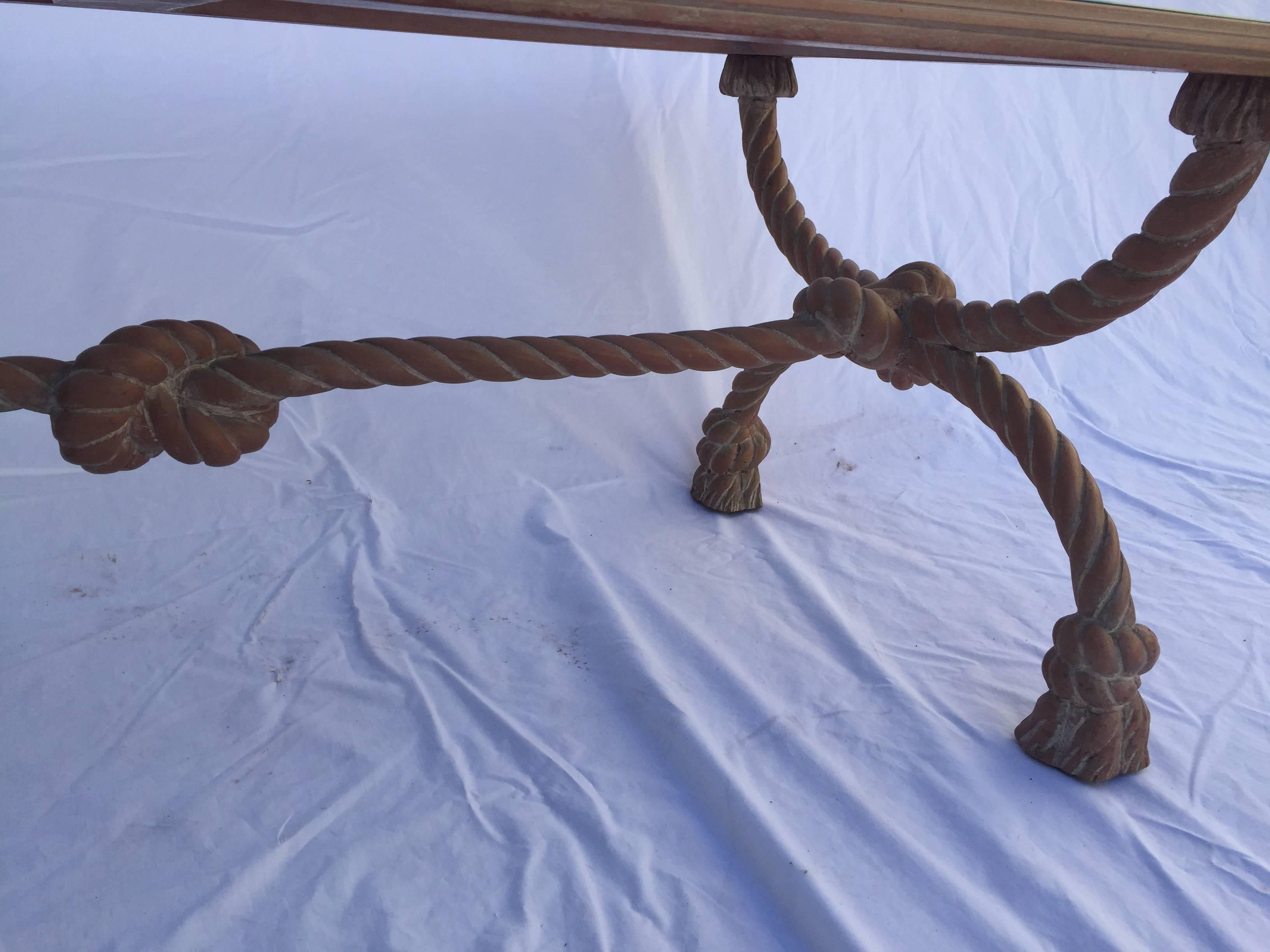 Pickled Vintage Italian Carved Wood Rope, Knot and Tassel Table with Mirror Top For Sale 5