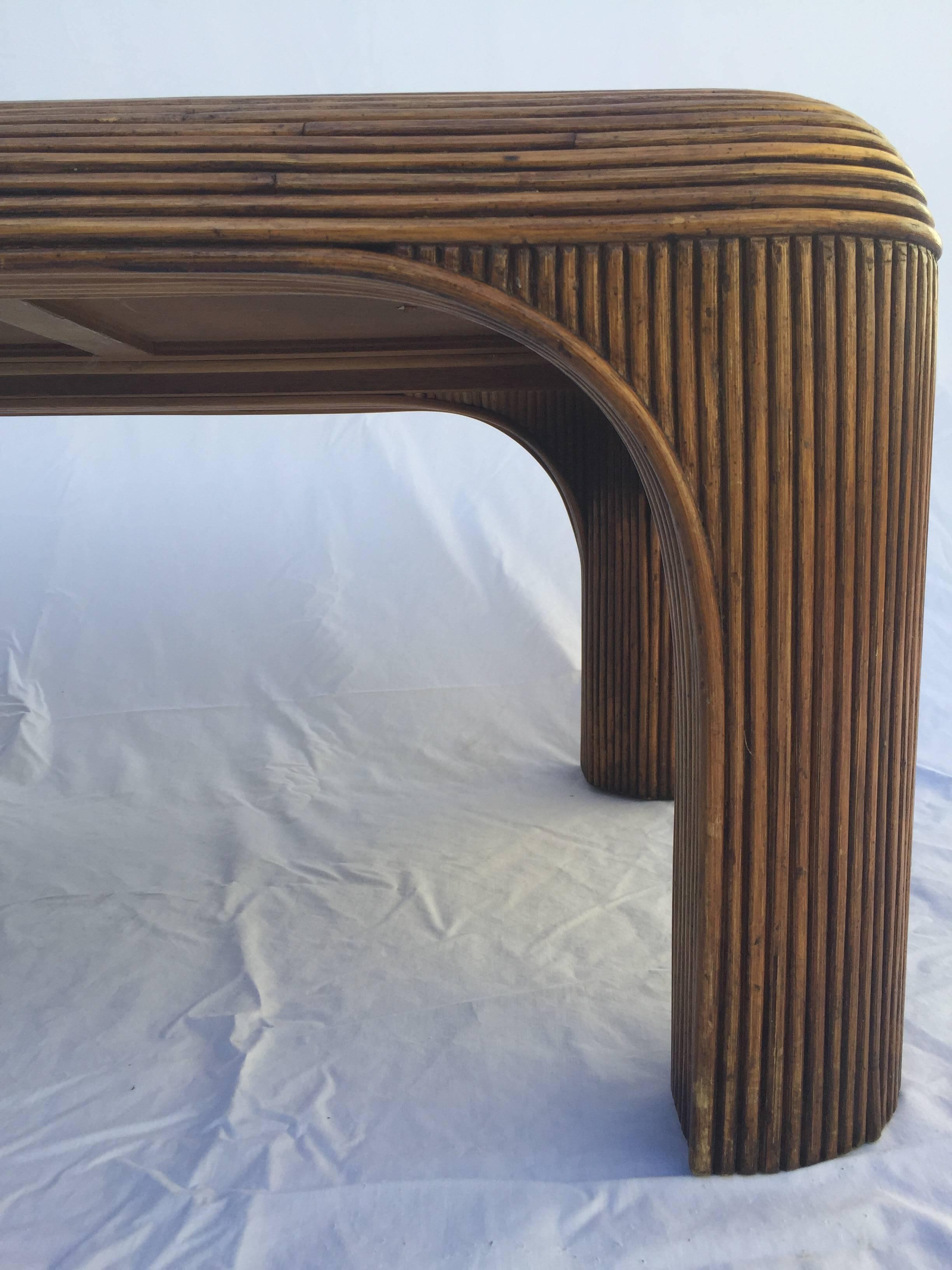 Vintage Split Reed Stick Rattan Coffee Table with Inset Glass Top 4