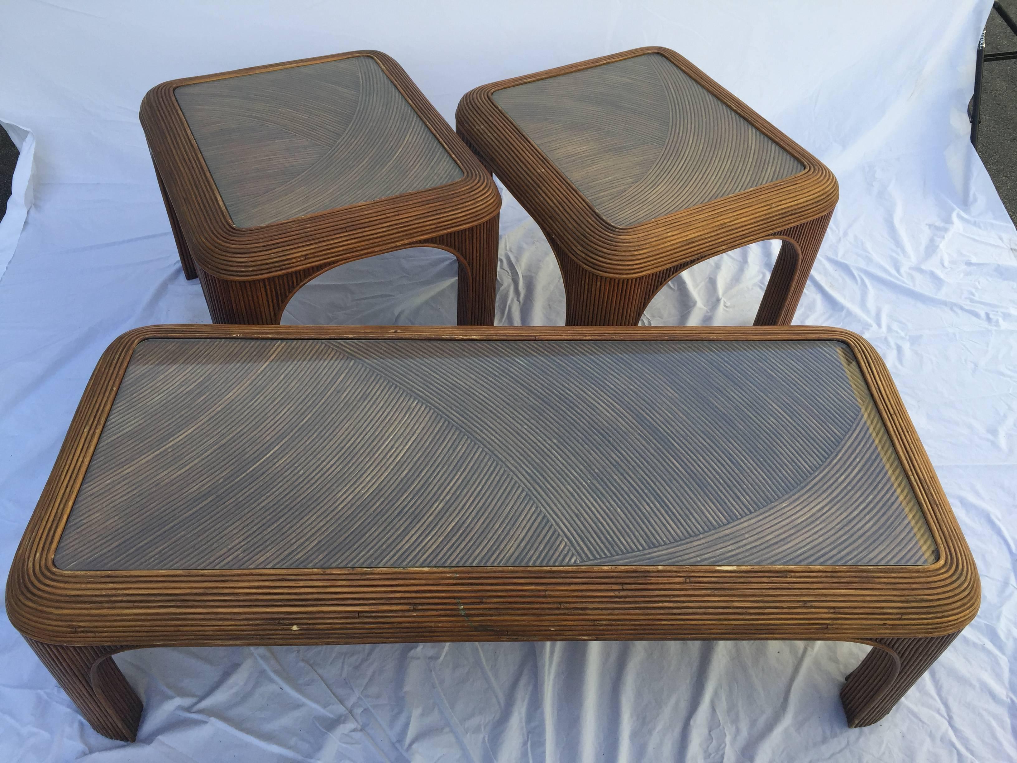 Vintage Split Reed Stick Rattan Coffee Table with Inset Glass Top 6