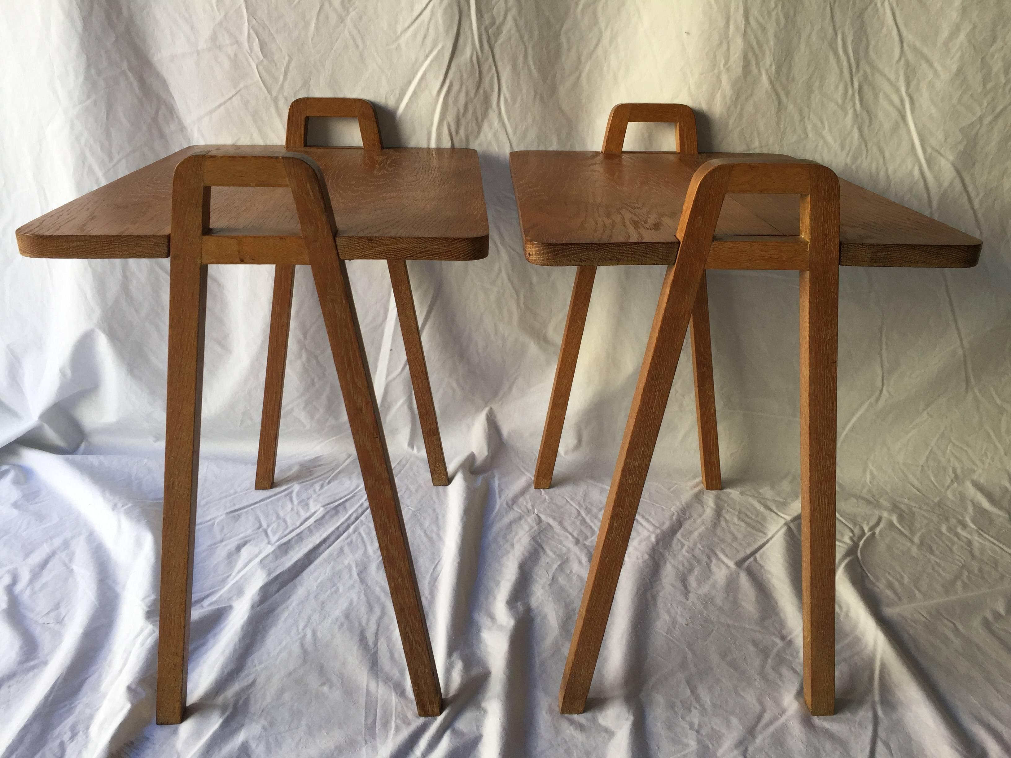 Pair of Mid-Century Unusual Oak Tray Style Tables with Compass Legs and Handles 5