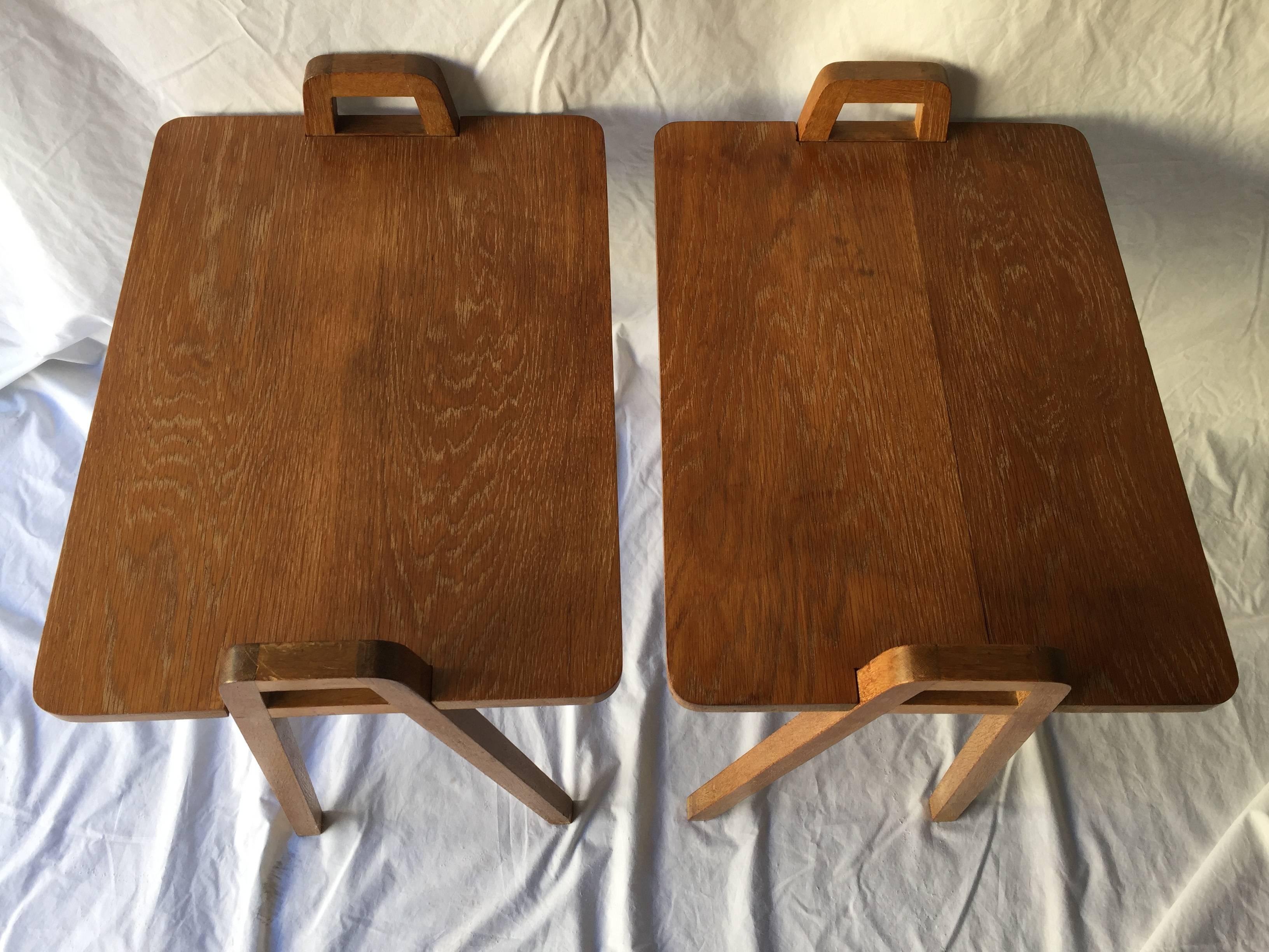 Pair of Mid-Century Unusual Oak Tray Style Tables with Compass Legs and Handles 4