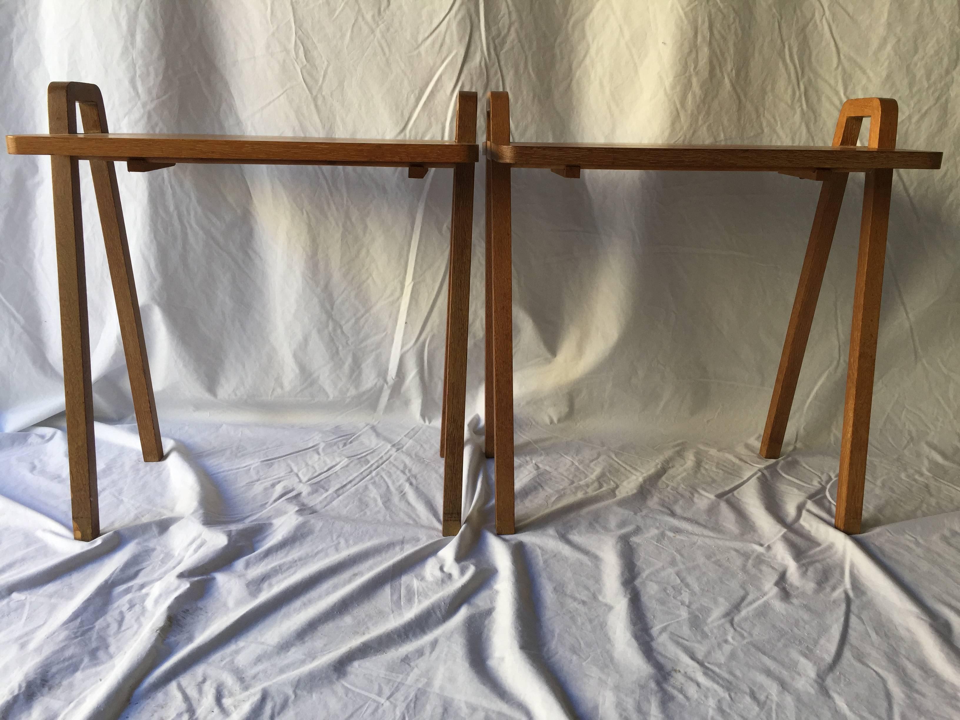 Pair of Mid-Century Unusual Oak Tray Style Tables with Compass Legs and Handles 3