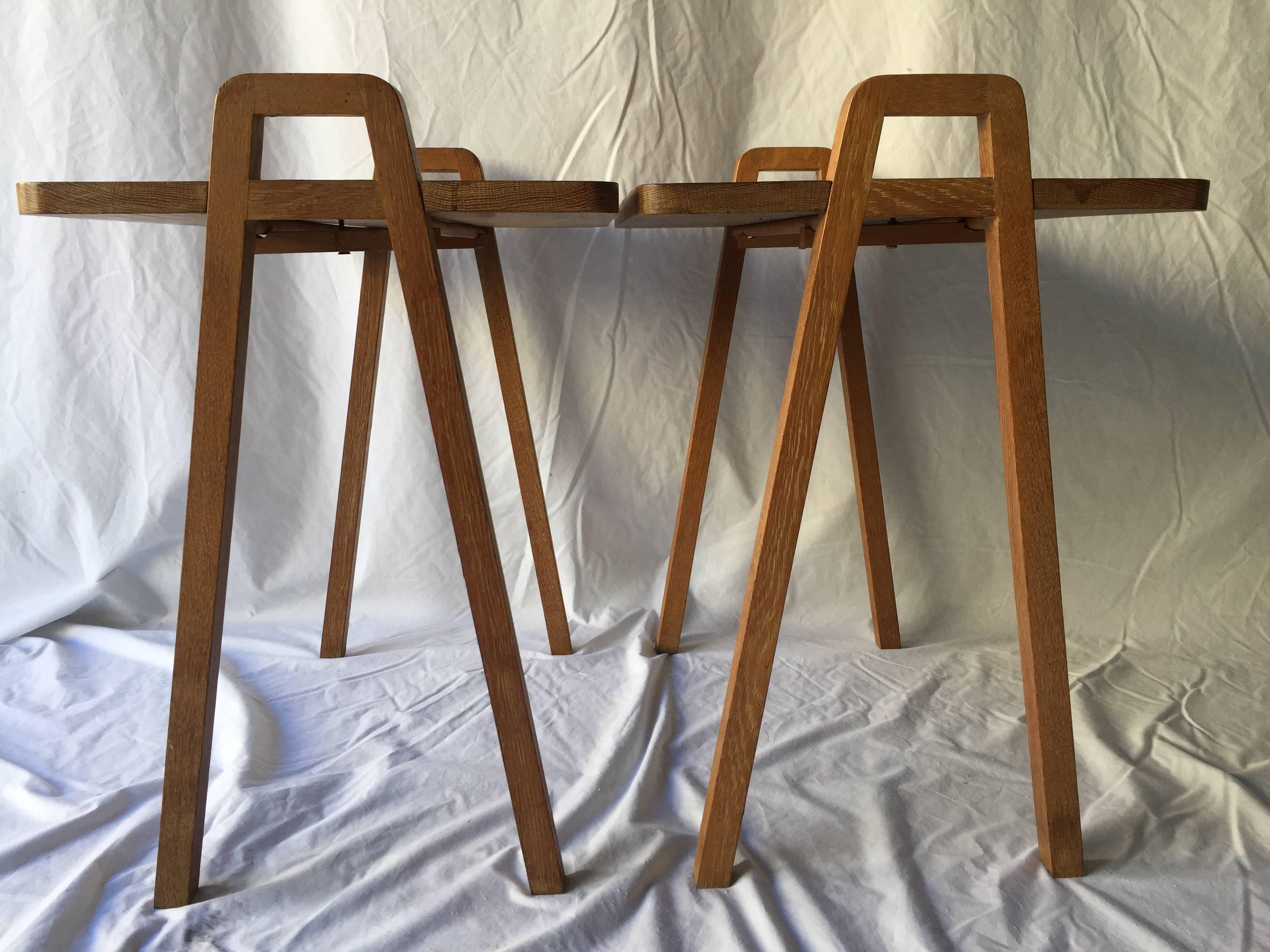 Pair of Mid-Century Unusual Oak Tray Style Tables with Compass Legs and Handles 2