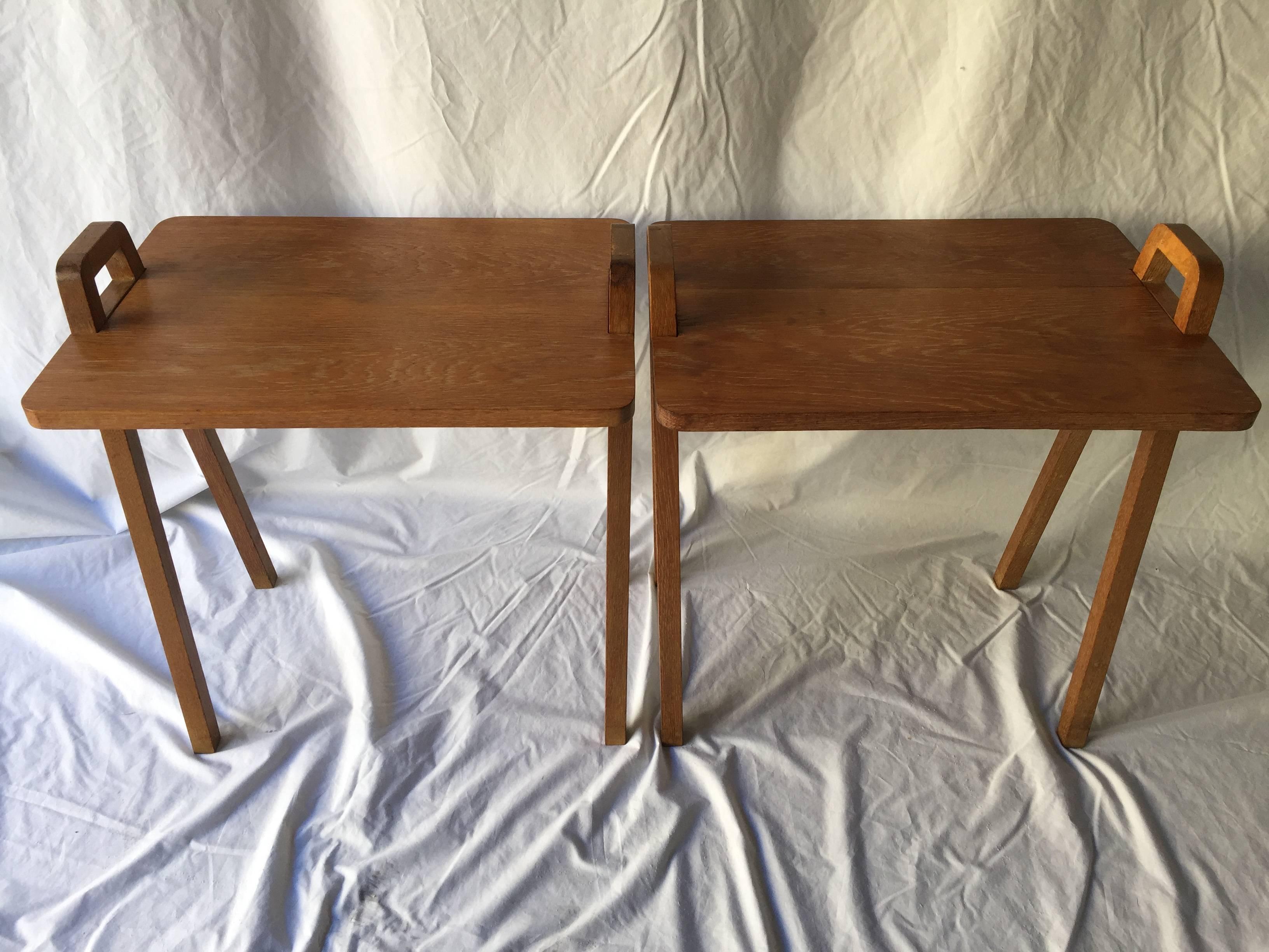 Pair of Mid-Century Unusual Oak Tray Style Tables with Compass Legs and Handles 1