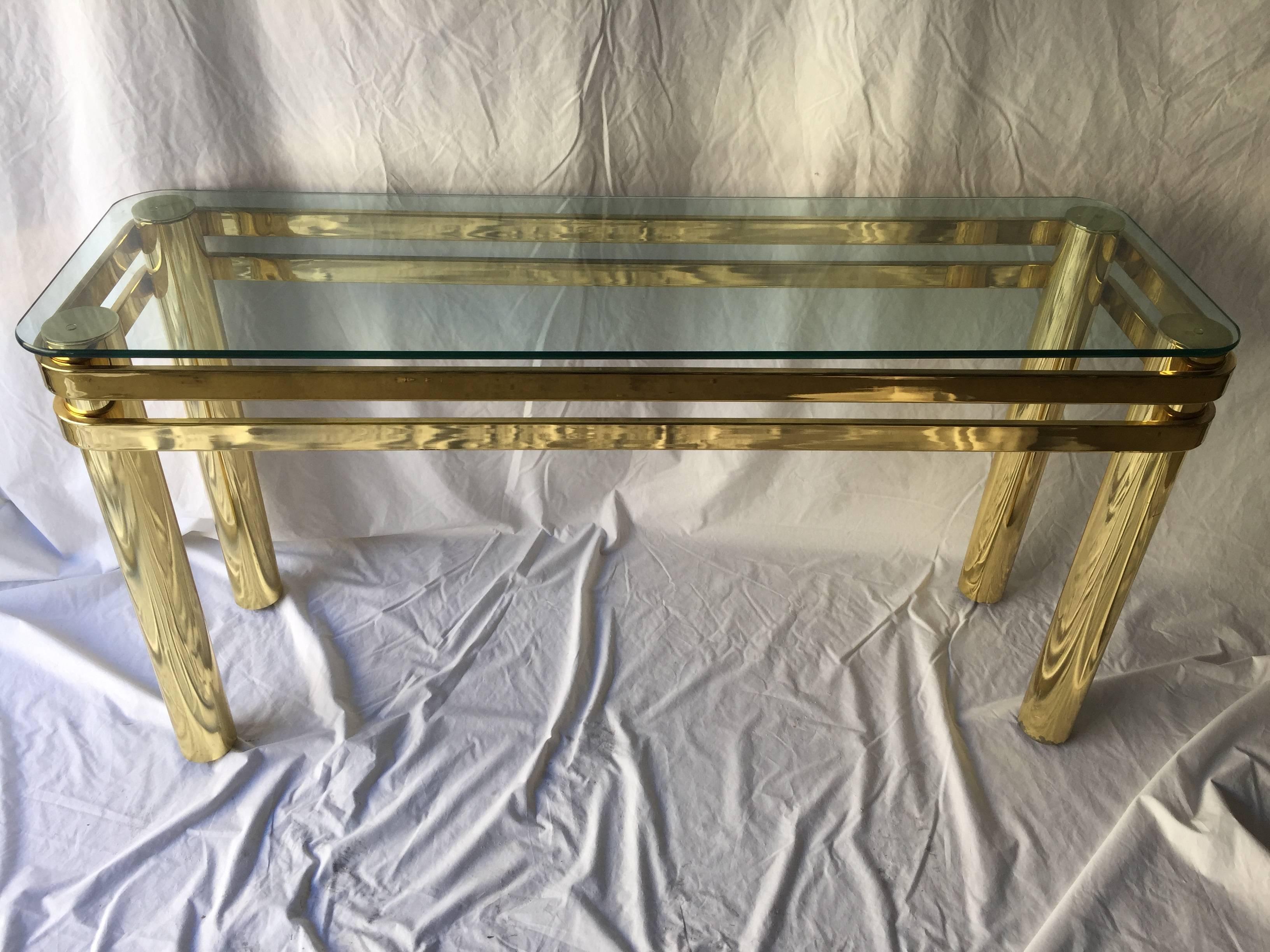 Vintage Pace Style Brass Console Table with Tubular Legs and Banded Design 1