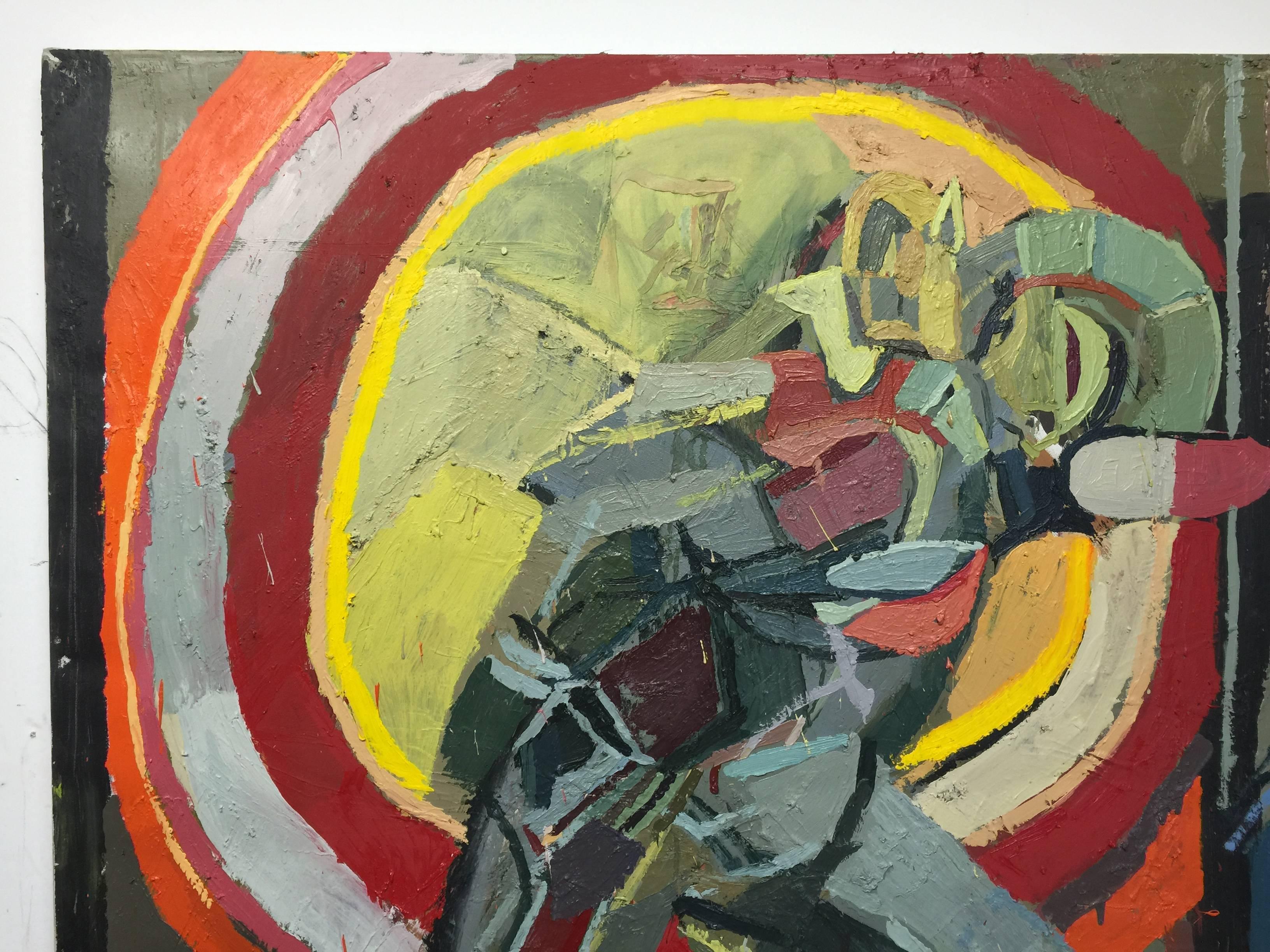 This was the first painting I dealt with Ant Man and just playing around with the shapes - what the pill forms do to the painting - the space of the painting. And then the atom being there like a planet. Makes me feel like there are planets inside